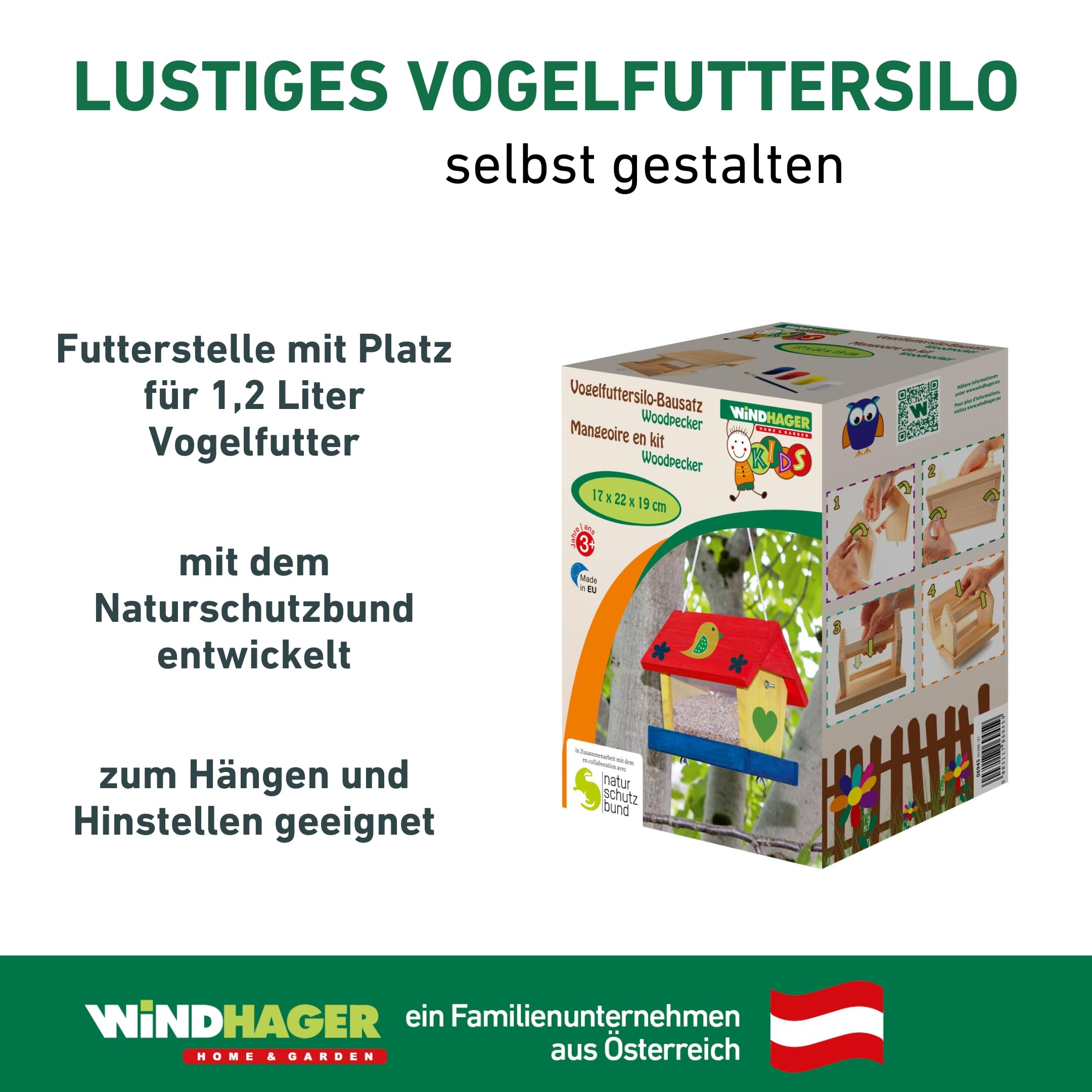 Windhager Vogelfuttersilo-Bausatz Woodpecker, Vogelhaus Futterstation, inklusive Farbset zum Bemalen, 17 x 22 x 19 cm, 06945, Beige