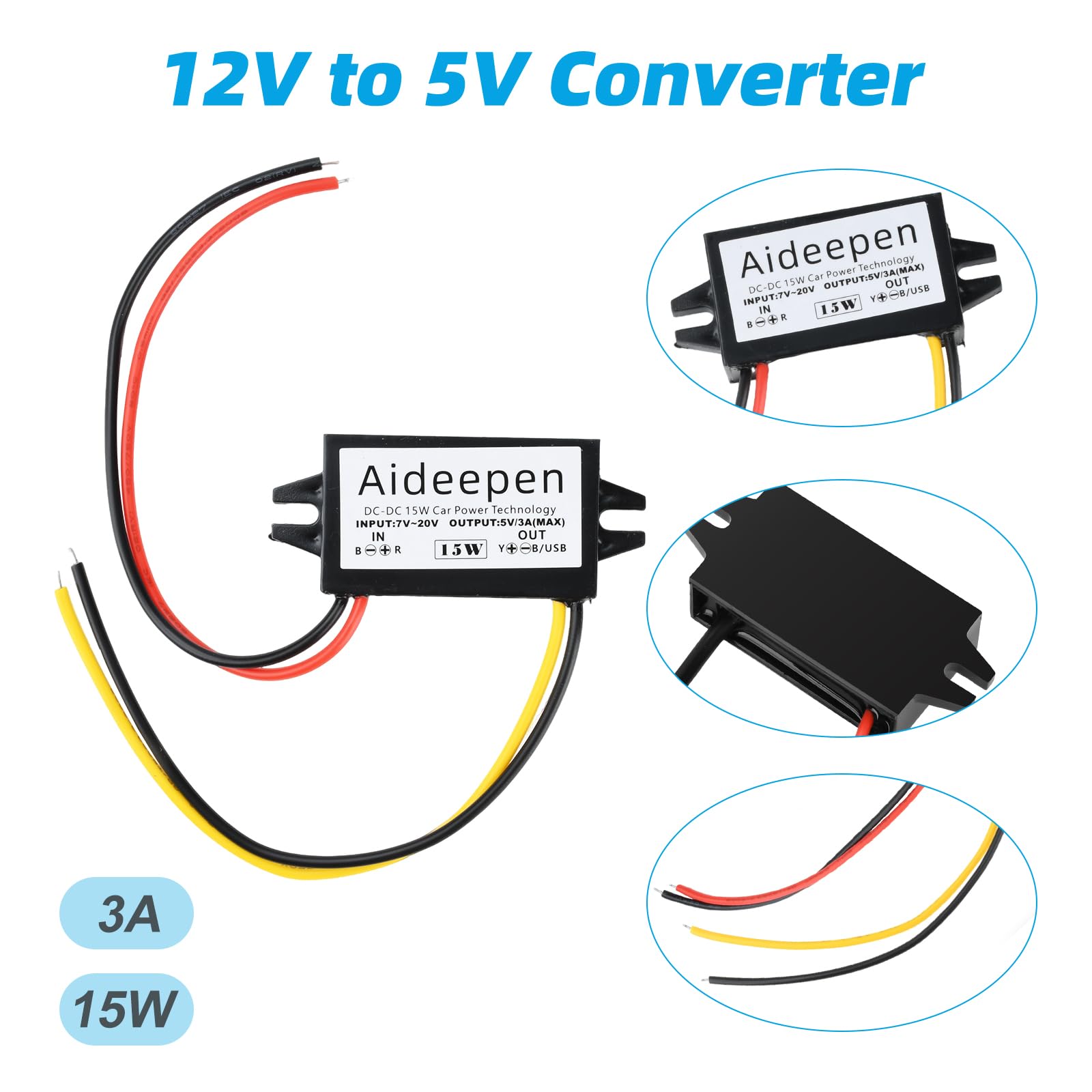 Moduł konwertera Buck DC 12 V na 5 V 3 A 15 W, Aideepen samochodowy konwerter zasilania z interfejsem przewodowym