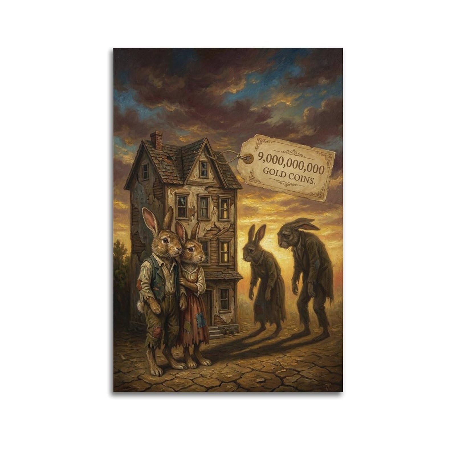 XKUGA Surreal Vintage Animal Poster Rabbit Real Estate Gold Coin Satire Modern Decorative Canvas Prints - Ideal Wall Art for Family, Man Cave, Game Room, Boys & Girls Bedroom 24x36inch(60x90cm)