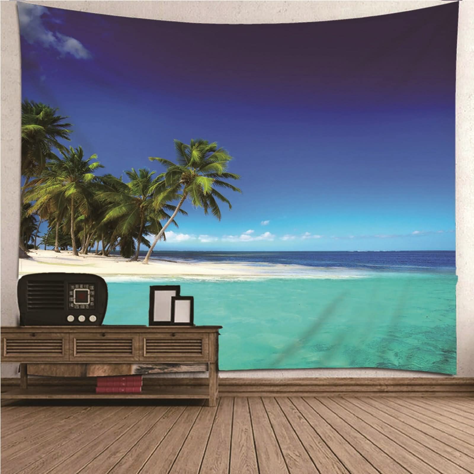 Tenture Murale Coucher De Soleil Cocotiers Océan Violet – 150x150 Cm Polyester Décoration Enfant Cuisine