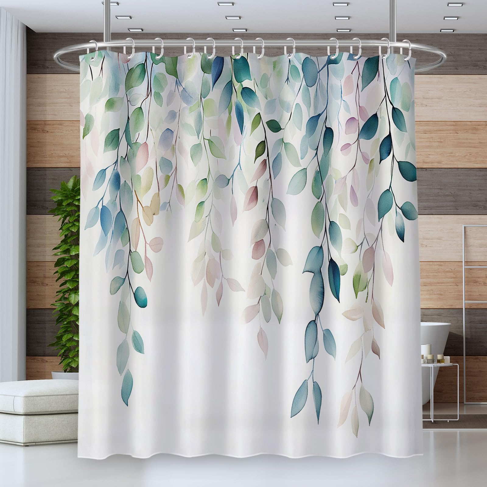 Rideau de douche polyester 180x200 cm lavable avec crochet imprimé plantes aquarelle