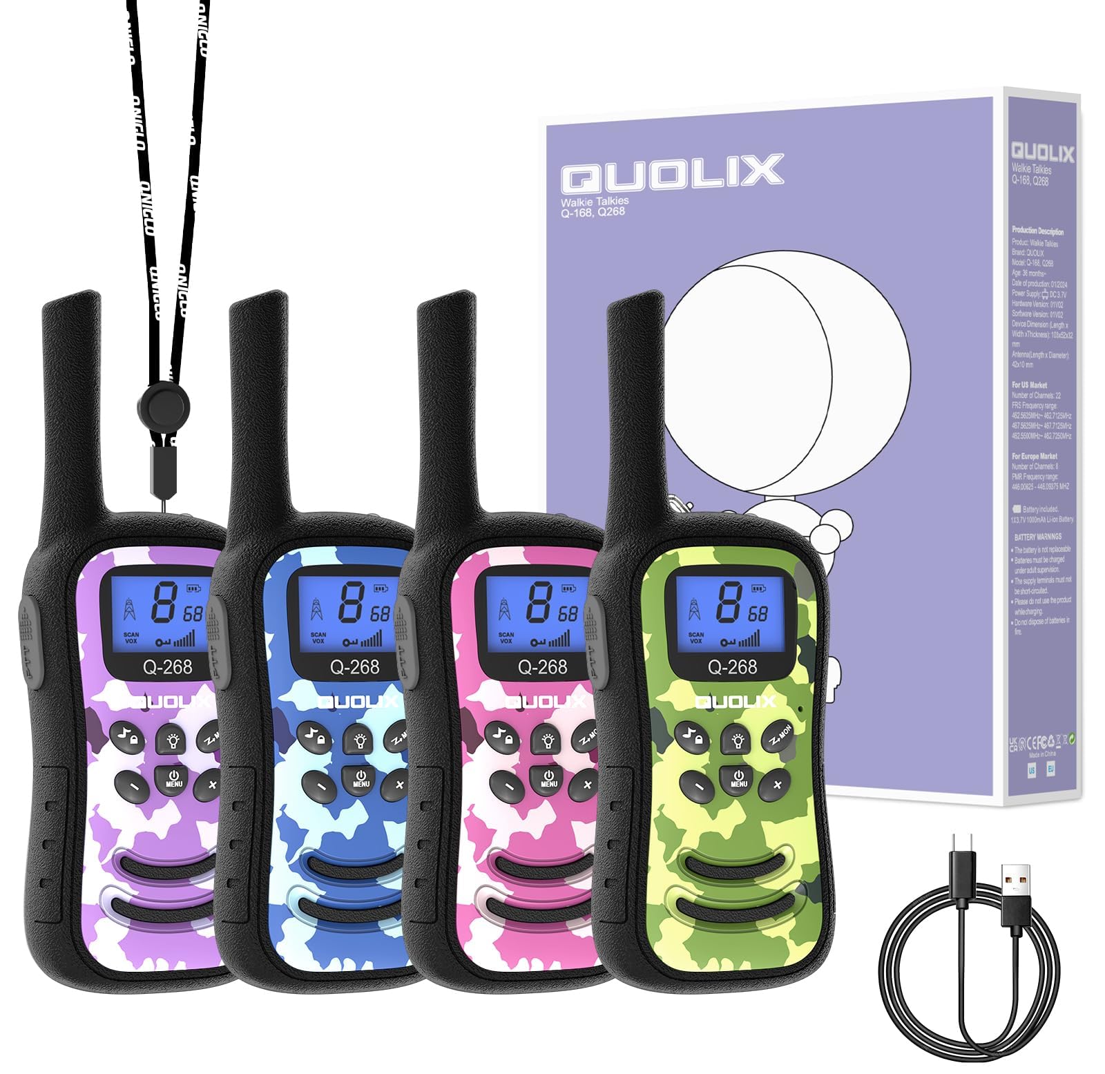 QUOLIX Rechargeable Walkie Talkies for Kids 3-12 Year Old, Long Range 3KM 2 Way Radio with LED Torch, VOX Hands Free, 99 Privacy Codes, Outdoor Camping Toys Gift for Boys Girls (Camouflage Design)