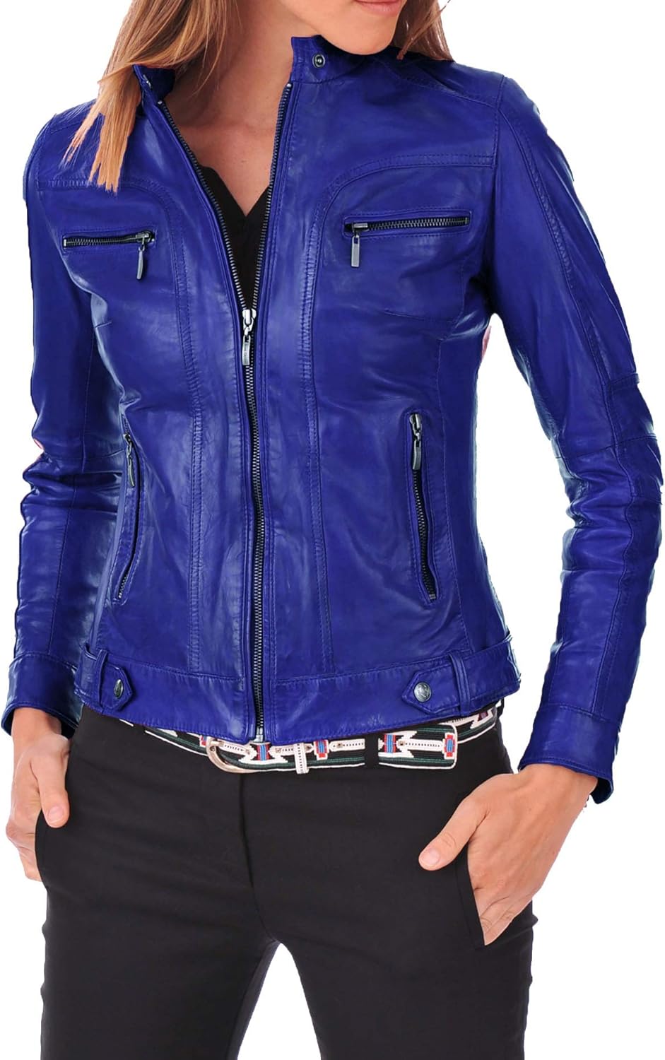 KAINAT Women's Zipper Closure Motorcycle Bomber Biker Lambskin Leather Jacket 75 XL Royal Blue