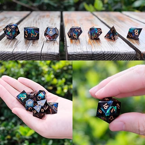 Miniatura 6 de DND - Juego de dados de resina de borde afilado, hecho a mano, 7 dados poliédricos, juego de dados DND RPG MTG, juego de dados para juegos de rol,