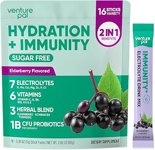 Venture Pal 2-in-1 Hydration + Immune Electrolytes Powder Packets with 7 Electrolytes & 6 Vitamins, Elderberry, Turmeric, Echinacea | Liquid Daily IV Drink Mix | Sugar Free | Keto Friendly, 16 Sticks