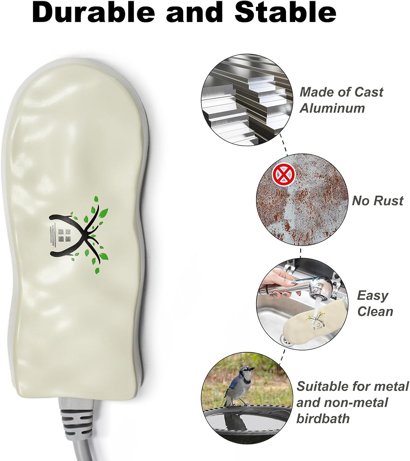 Diagram illustrating the durable features of the GESAIL bird bath heater: made of cast aluminum, no rust, easy to clean, and suitable for various bird bath types.