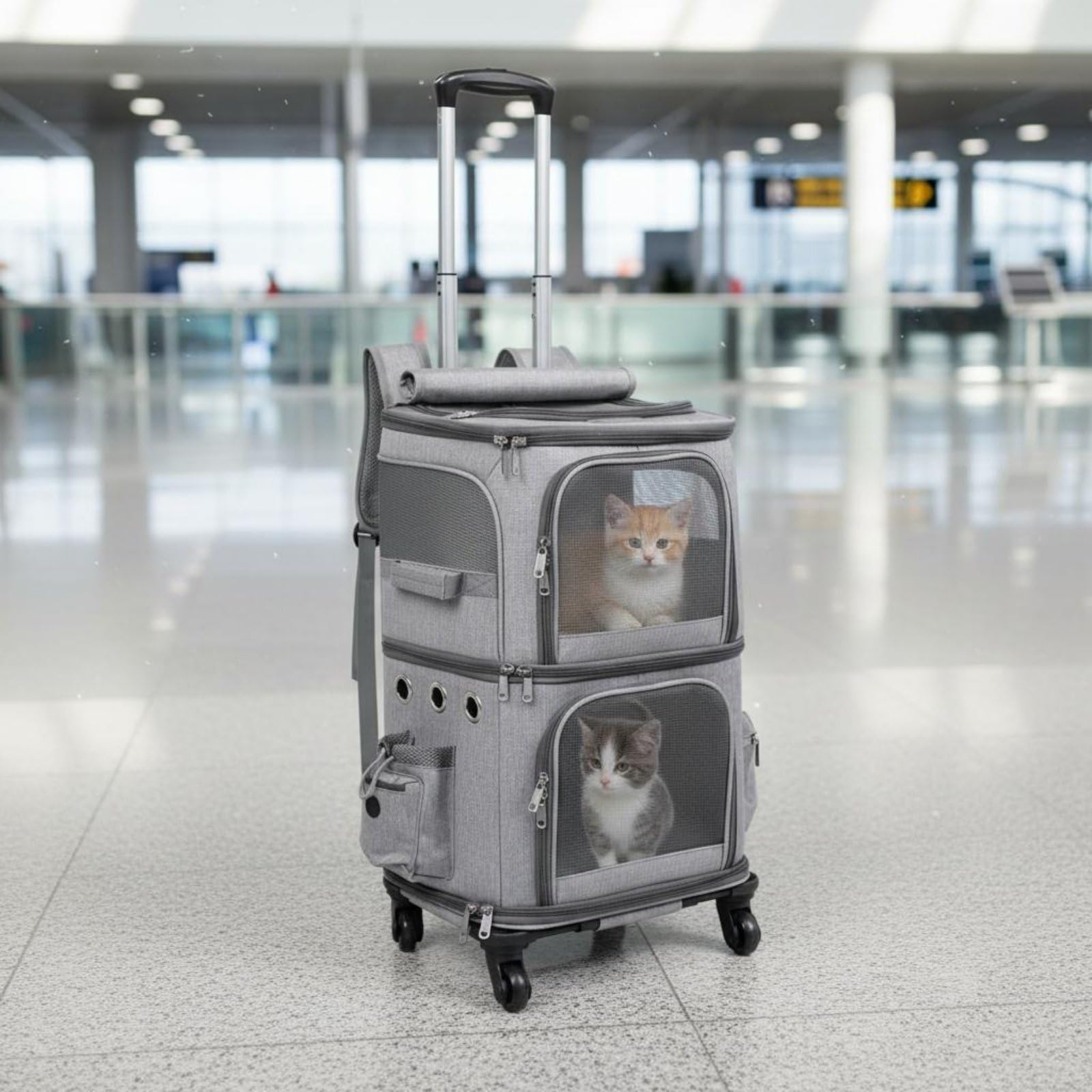 Travel Carrier Doppelstock Haustier Trolley Tasche Tiertransport Tasche Haustierkoffer mit Rollendem Fahrwerk Und Tragbarem Griff aus Oxford mit, Blau, Dunkelblau, Groß 35 28 63 Cm