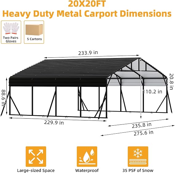 20 x 20 FT Metal Carport with Galvanized Steel Roof, Heavy Duty Metal Roof Carport with Enhanced Base, Tall MetalCarport Kits Garage for Tractors, Trucks, Boats, Cars