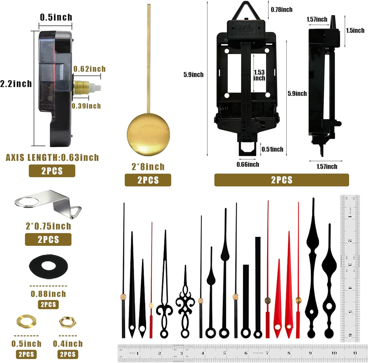High Torque Quartz Clock Movement Mechanism Replacement Clock Kit with Clock Pendulums Pairs of Clock Hands for Repair Clock Parts Shaft Lengths 16mm