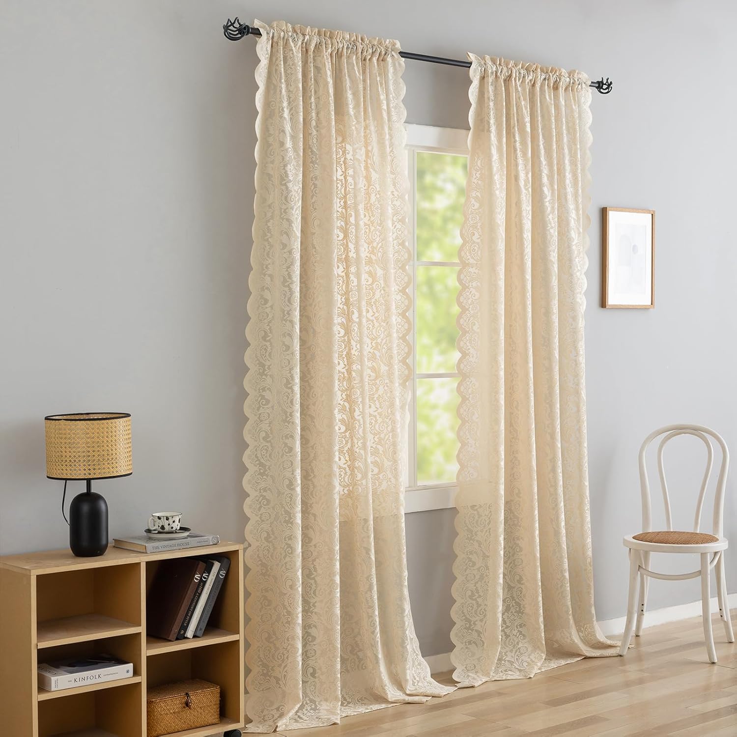 ALIGOGO Beige Sheer Curtains 84 Inches Long 2 Panels - Boho Chic Flower Lace Curtains for Living Room, Farmhouse Scalloped Edegs Natural Beige Drapes Lightweight Privacy Neutral Decor, 52W x 84L Inch