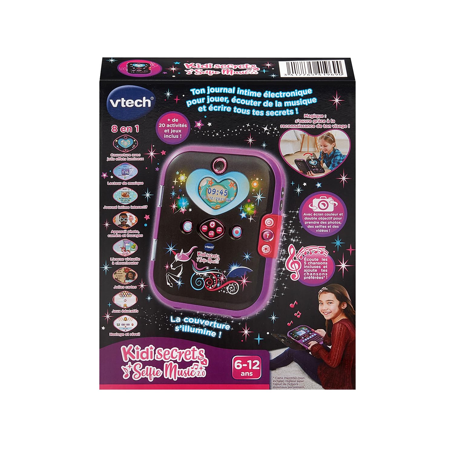 VTech KidiSecrets Selfie Music 2.0 Noir Journal Intime Électronique Enfant | Journal Secret Vidéo, Photo et Selfie pour Enfant Dès 6 Ans avec Clavier AZERTY, Effets Lumineux et Reconnaissance Faciale