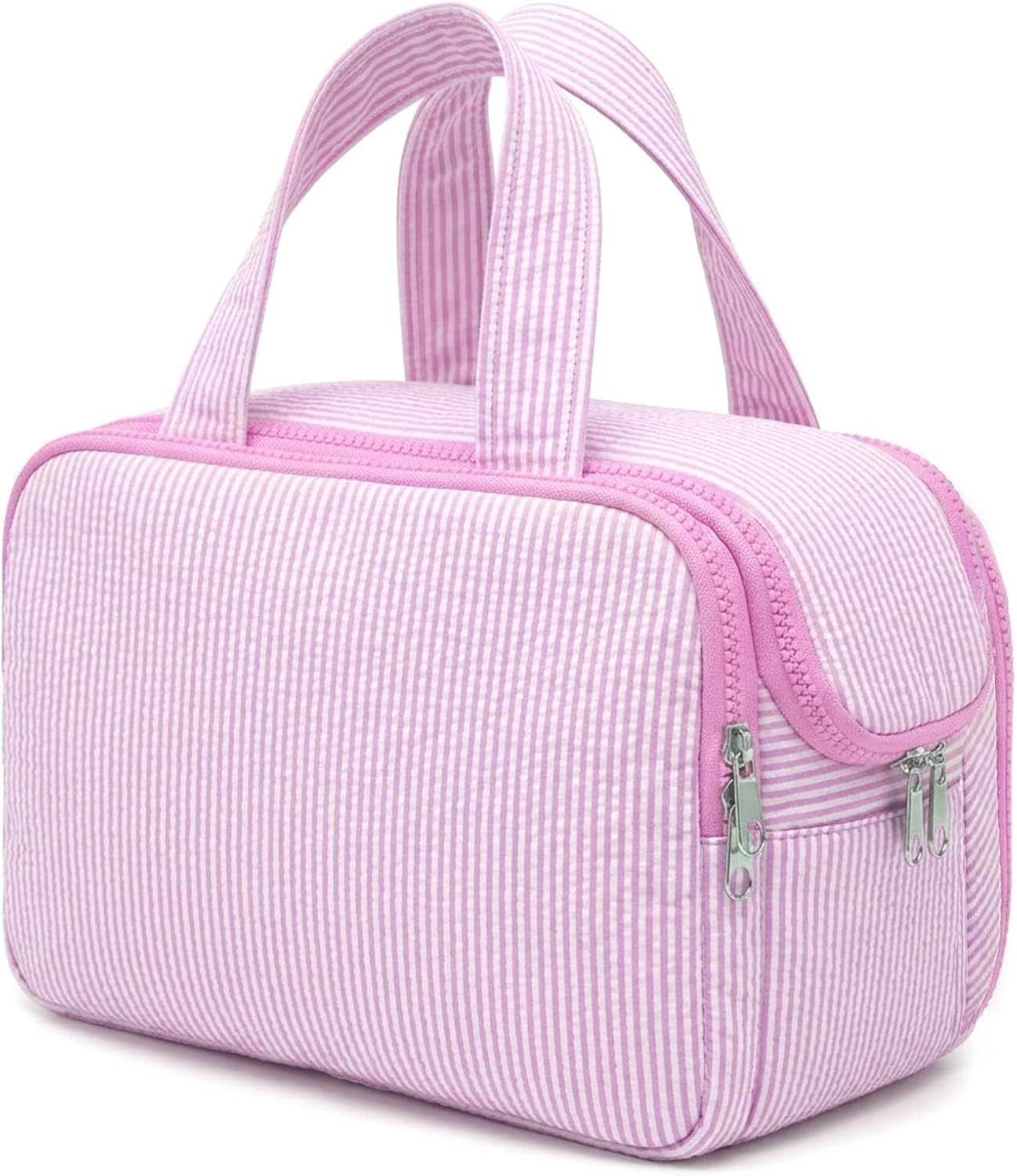 Huhumy Striped Travel Toiletry Bag, Large Makeup Bag for Women, Aesthetic Cute Seersucker Cosmetic Storage Organizer with a Waterproof Layer for Accessories, Essentials, Toiletries (Pink) image 2