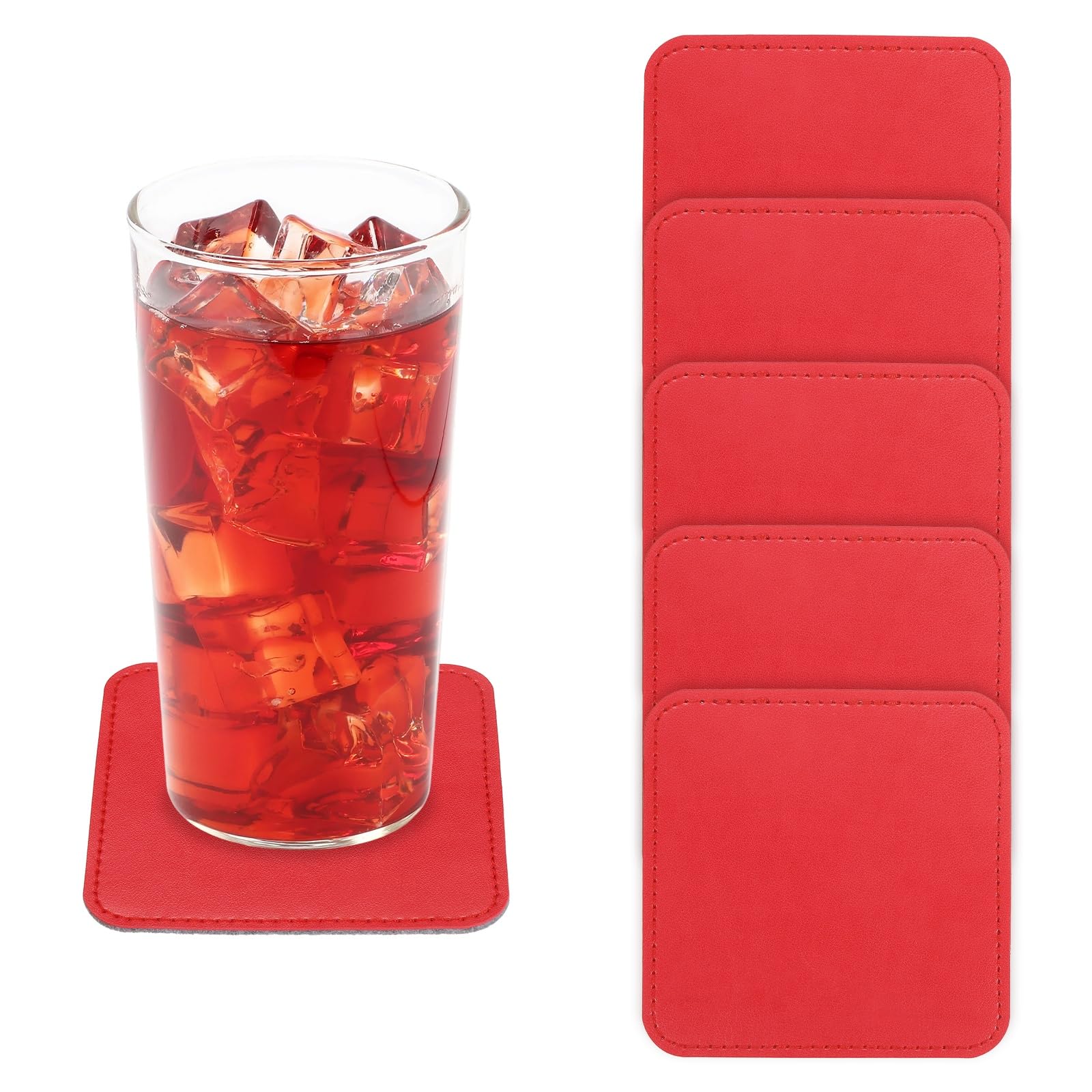 sourcing map 5Pcs PU Leather Coasters, 4x4" Square Drink Coasters Heat Resistant Water Absorbent Non Slip Cup Mat for Home Office Kitchen Bar Coffee Table Housewarming Gifts Decor, Red
