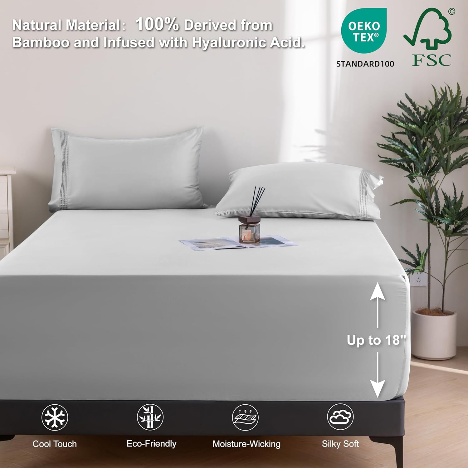 King Sheet Set, Cooling Sheets for King Size Bed Set, 100% Viscose Derived from Bamboo, Breathable & Soft Deep Pocket Up to 18", Hotel Luxury Silky Bedding for Hot Sleepers, (Light Gray)