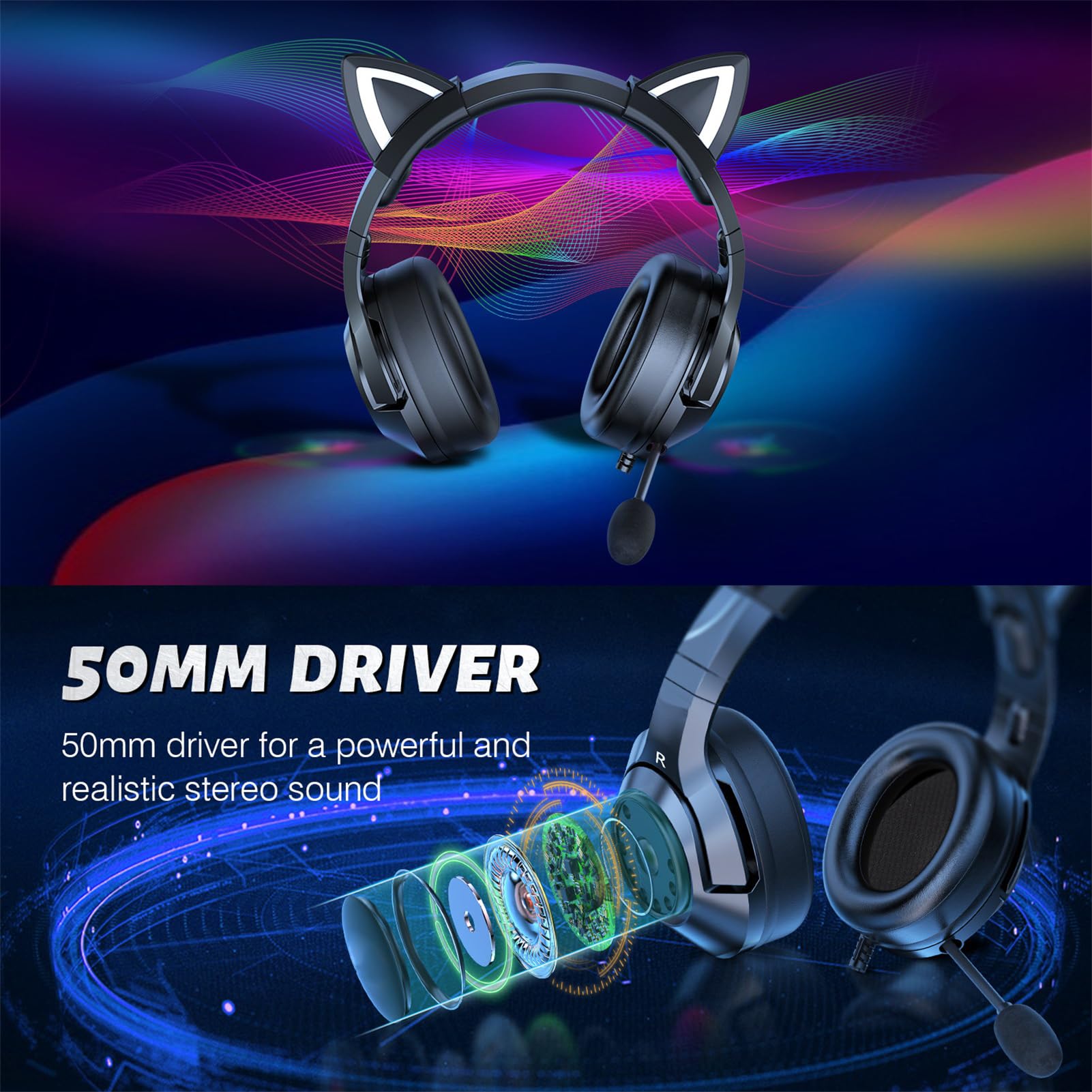 Gaming-Headset mit Mikrofon, abnehmbare Katzenohr-Kopfhörer, Katzenohr-Design mit RGB-Beleuchtung, Verstellbarer Kopfbügel-Kopfhörer 7.1 Surround Sound, leichte Over-Ear-Kopfhörer (Schwarzer