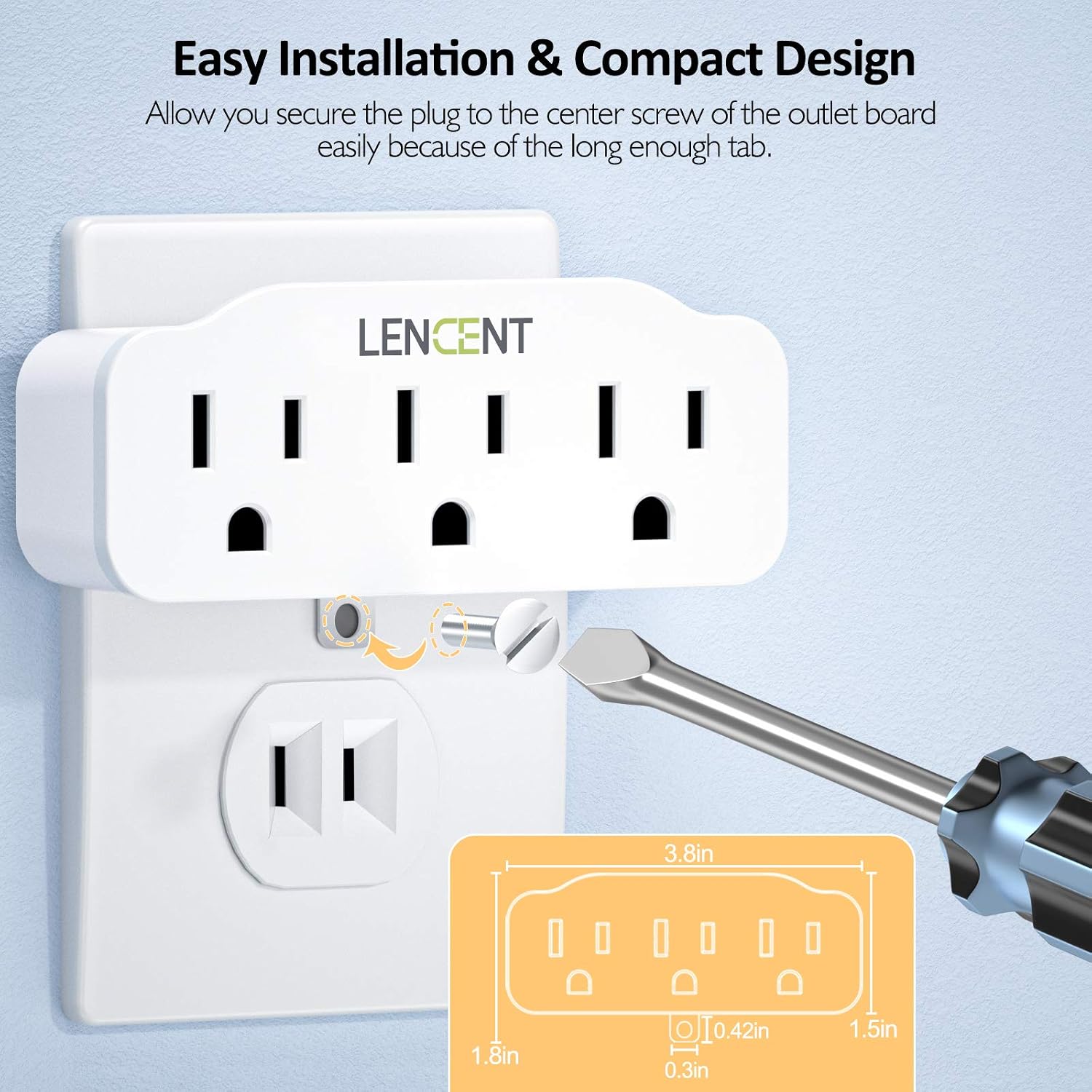 LENCENT 3 Prong to 2 Prong Polarized Grounding Adapter, 2 Pack, Plug Extender, Outlet Converter, Wall Plug Splitter with 3 AC Outlets for Household Appliances, Ideal for Non-Grounded Outlets