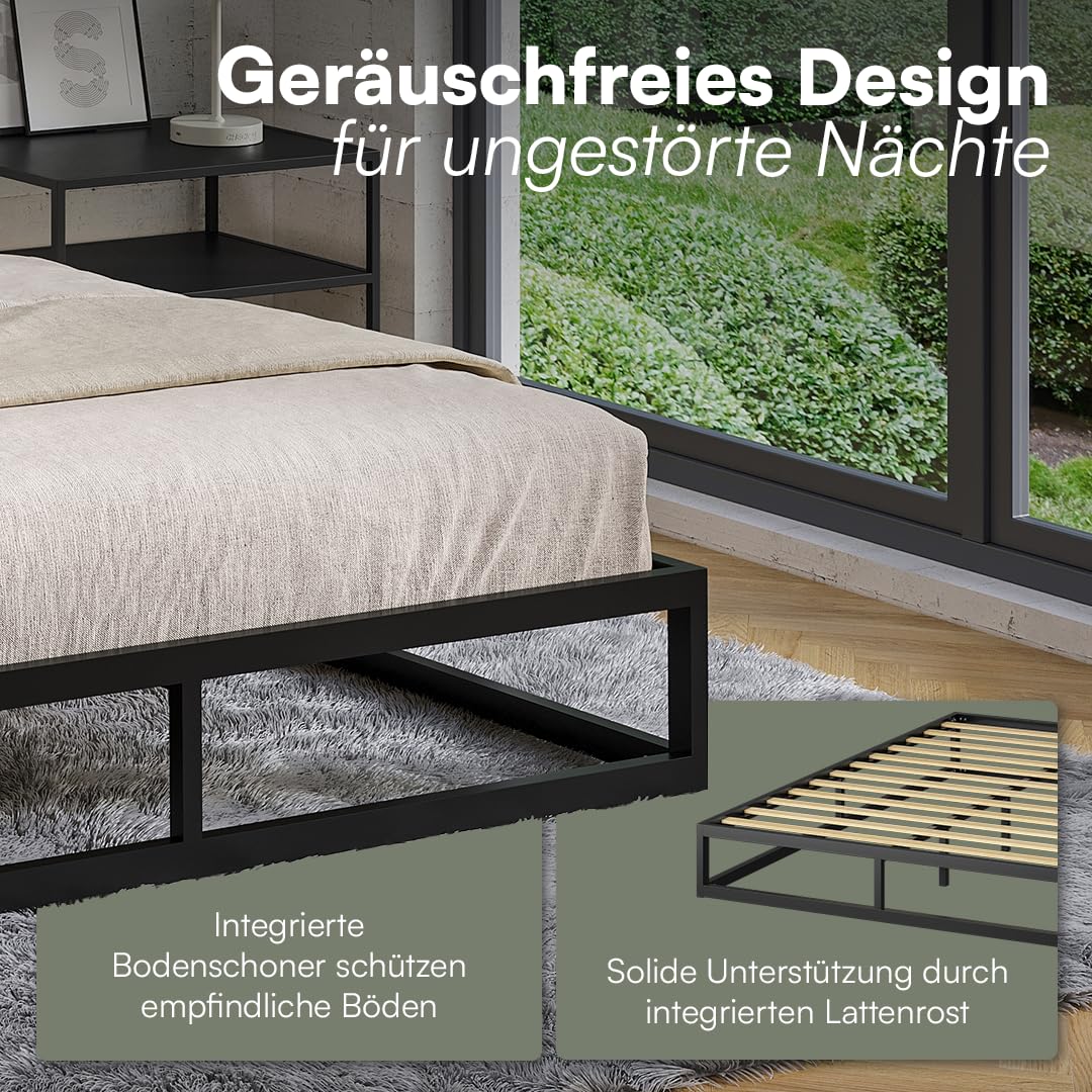 skølm Bragi Metallbett 140x200 cm – Bett aus Metall mit Lattenrost – stabiles Metall Bettgestell Schwarz – Bettrahmen geeignet als Doppelbett – Doppelbettgestell 25 cm hoch – Gästebett mit Stauraum