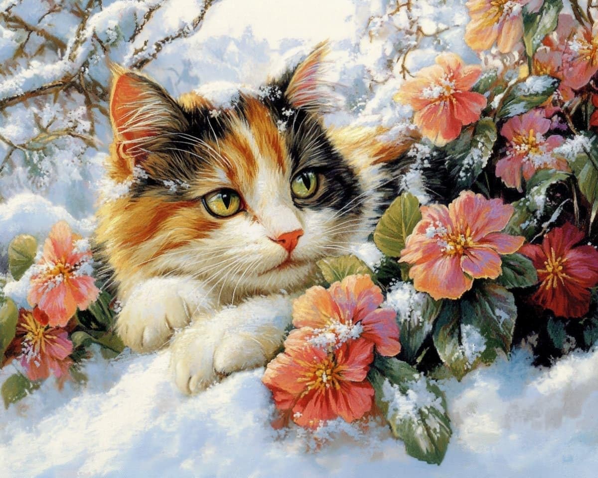 AxiangziK Cross Stitch Kits for Adults Beginners,Cats and Flowers in the Snow DIY Gift Embroidery Needlework Crafts Home Decor 16x20 inch Easy (11CT Pre-Printed)