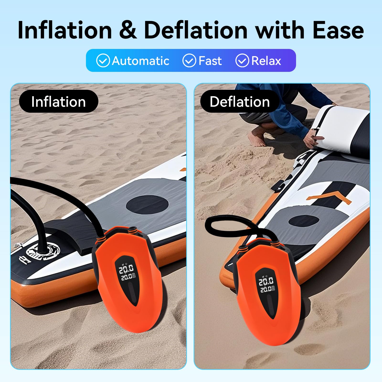 Pompe à air électrique 20 PSI haute pression - Pompe à air SUP électrique - 12 000 mAh - Batterie rechargeable - Avec lumière LED - 12 V CC - Pour bateau gonflable, matelas gonflable