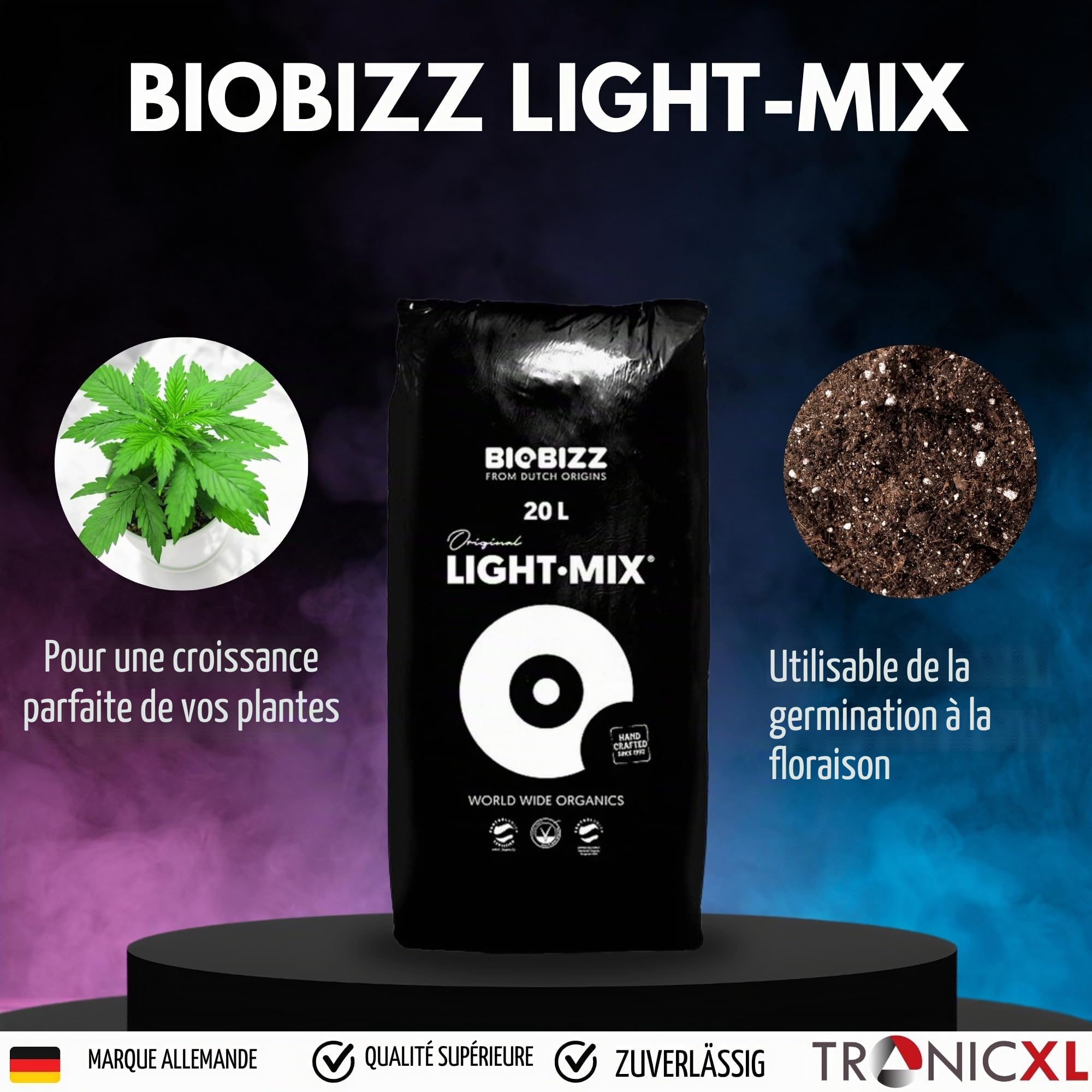 TronicXL Lot de 2 engrais tout en un pour BioBizz + 2 sacs Light Mix Grow Terre pour la culture et la floraison Lightmix Kit complet de culture Try Pack