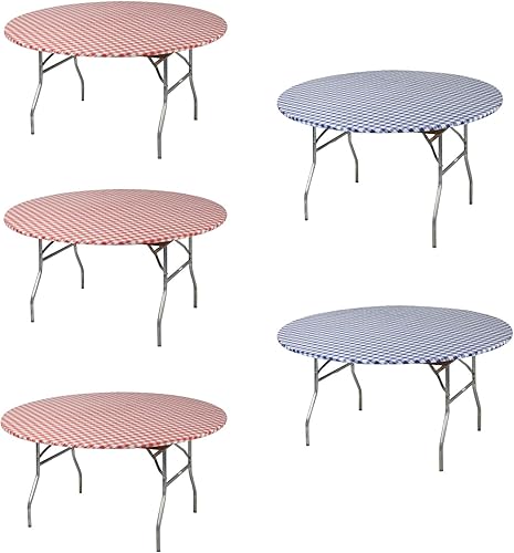 Kwik-Covers Mantel redondo de plástico ajustable de 60 pulgadas, paquete de 5 (rojo y azul gingham)