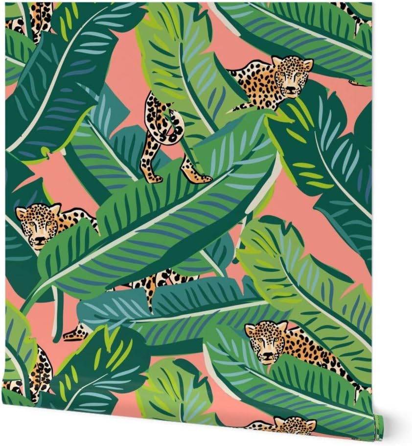 Peel & Stick Wallpaper 3ft x 2ft - Leopard Print Tropical Banana Leaves Bright Peach Tiger Safari Custom Removable Wallpaper by Spoonflower