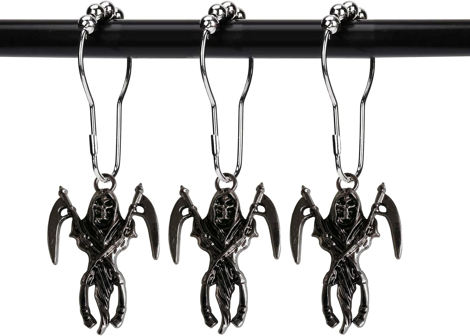 Set of 12 Shower Curtain Hooks Rings,Skeleton Reaper Scythe Pendant, Halloween Party Supplies Haunted House Decoration, Stainless Steel Rustproof (Black)