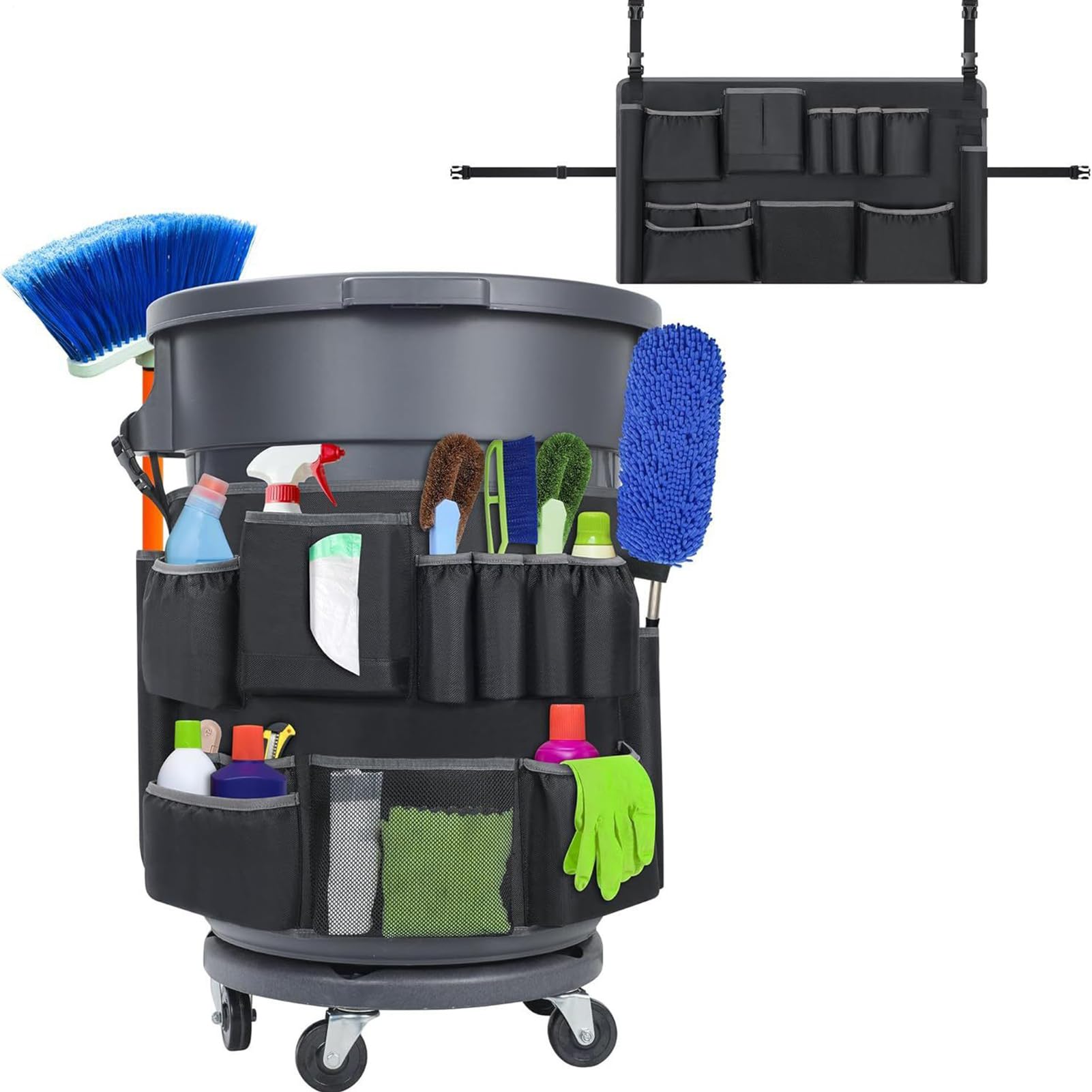Sac porte-outils de nettoyage pour poubelle de 121L à 208L avec 13 poches d'organisation