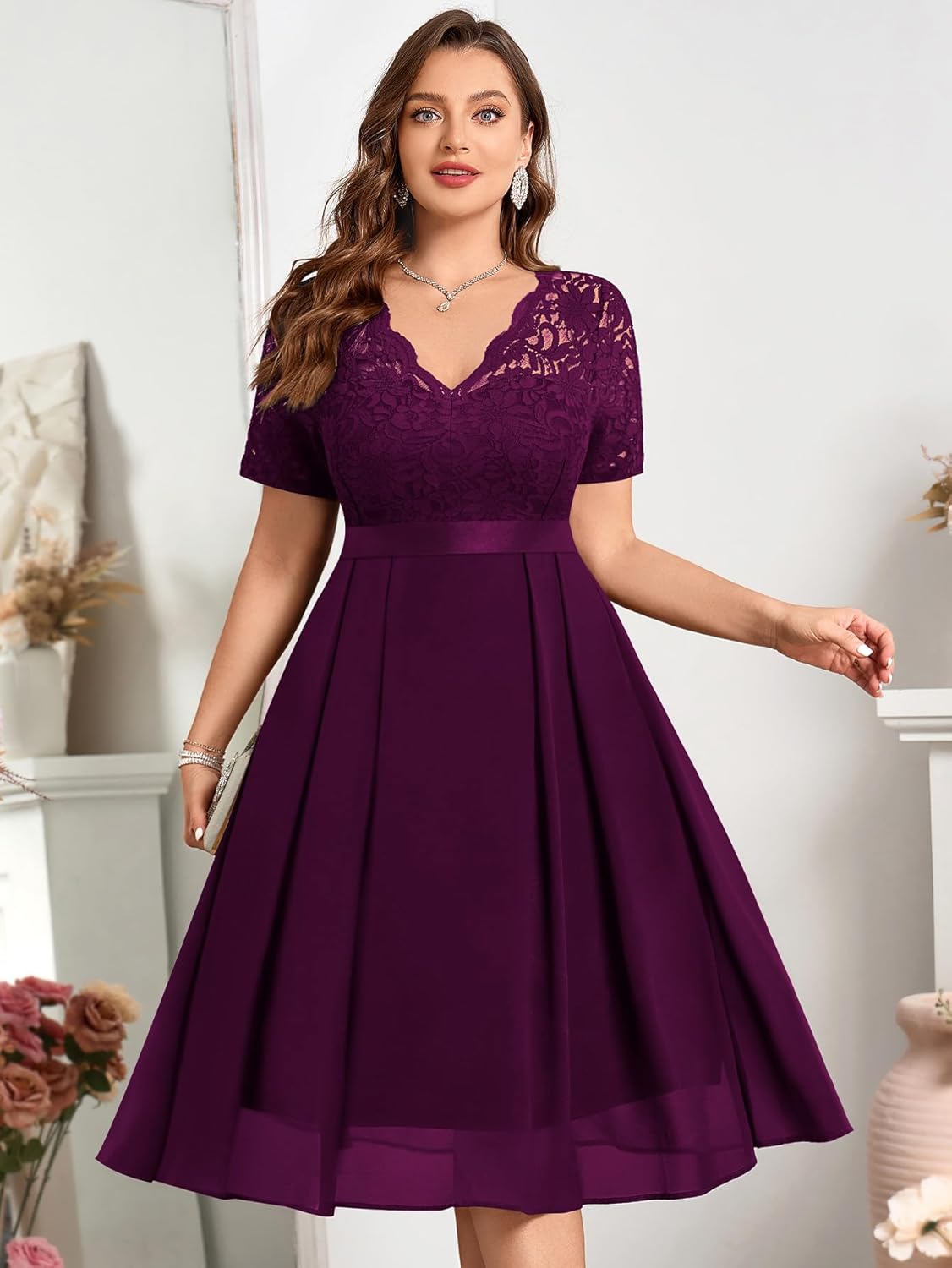 MISSMAY Women's Plus Size Lace Contrast Chiffon V Neck Flowy Cocktail Wedding Guest Midi Dress - Image 4