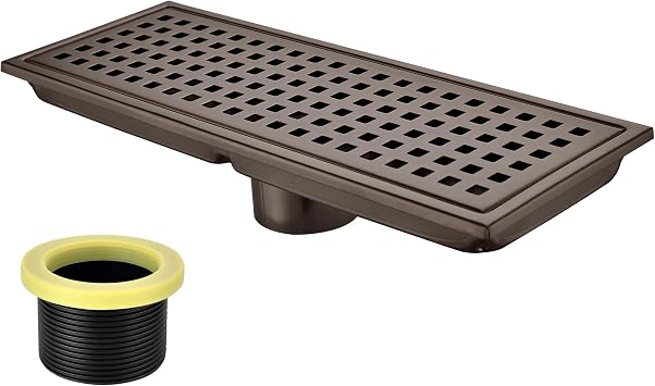 12 inch Stainless Steel Linear Shower Floor Drain with Threaded Adapter, Removable Cover Grid Grate, Rectangle, Brushed Bronze Finished Antique Copper