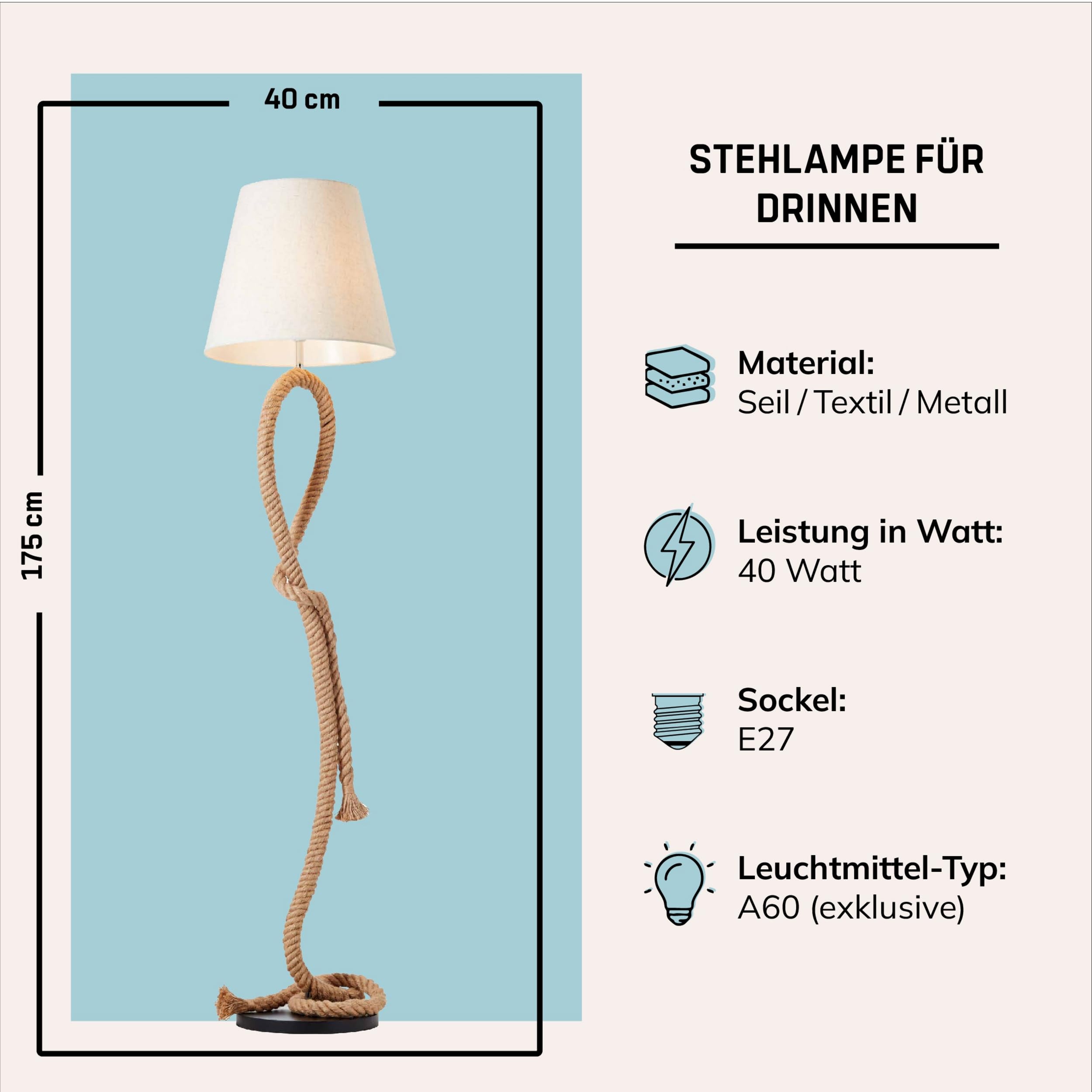 Lightbox Standleuchte 1-flammig - Stehleuchte in natur/weiß - Stehlampe für Wohnzimmer, Schlafzimmer & Esszimmer - exkl. E27 LED