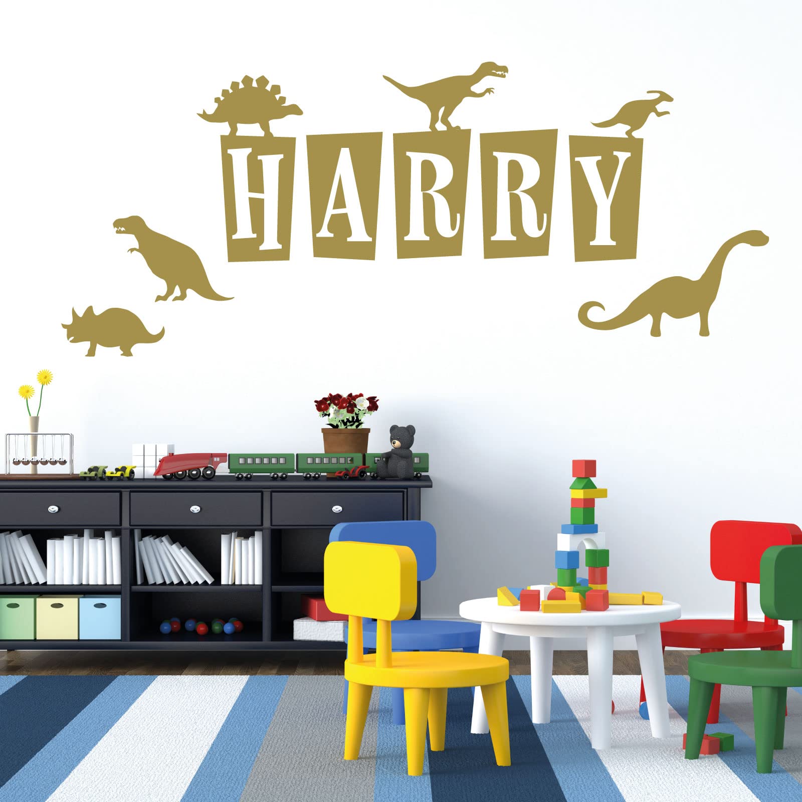Personalised Name - Dinosaurs, T-Rex, Apatosaurus, Jurassic Era - Children's Bedroom Vinyl Wall Decal Sticker [Medium] [Gold]