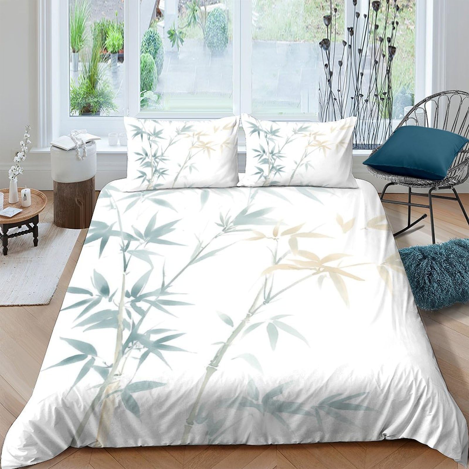 GPLZQXKJNH 3D Printed Bamboo Leaves Duvet Cover Set Microfiber Soft Breathable Nature Green Yellow Bedding with 2 Pillowcases Single（135x200cm）