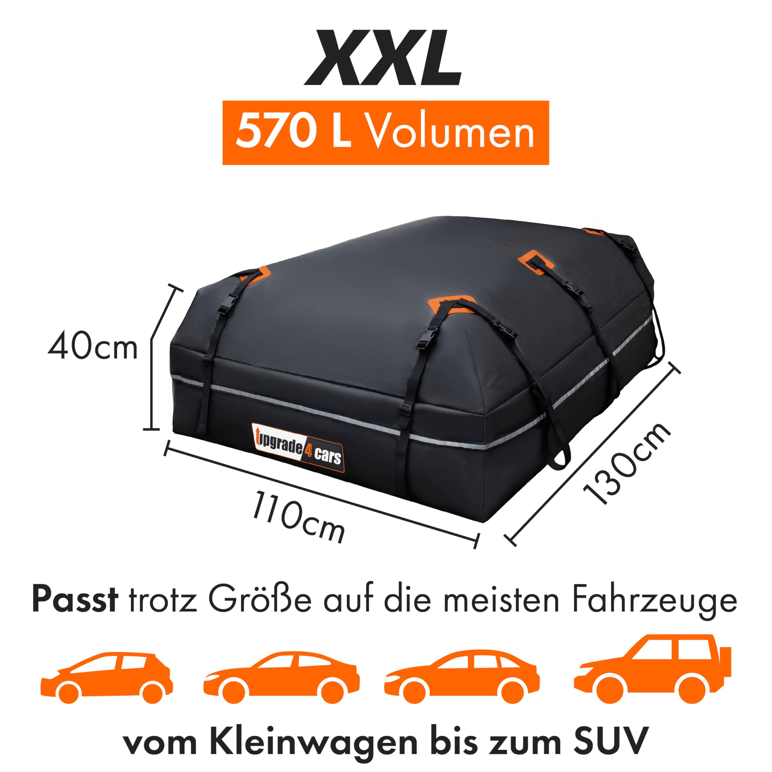 Upgrade4cars Auto Dachbox mit Träger Set | Dachgepäckträger 566 Liter ohne Reling Inkl. Zubehör | Dachkoffer Universal 130 x 110 x 40 cm | Autozubehör Geschenke für Frauen Männer