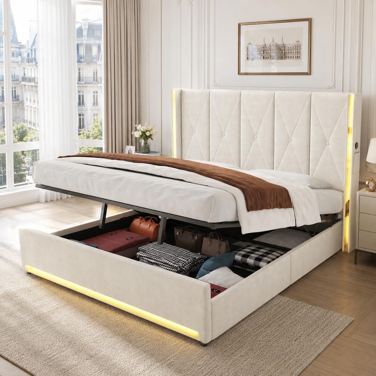 Zepneiy Lit 180x200 avec tête de lit Haute rembourrée et matelassée, Lit Double avec système hydraulique et Poches latérales, Ports USB et éclairage LED, Velours Beige(sans Matelas)