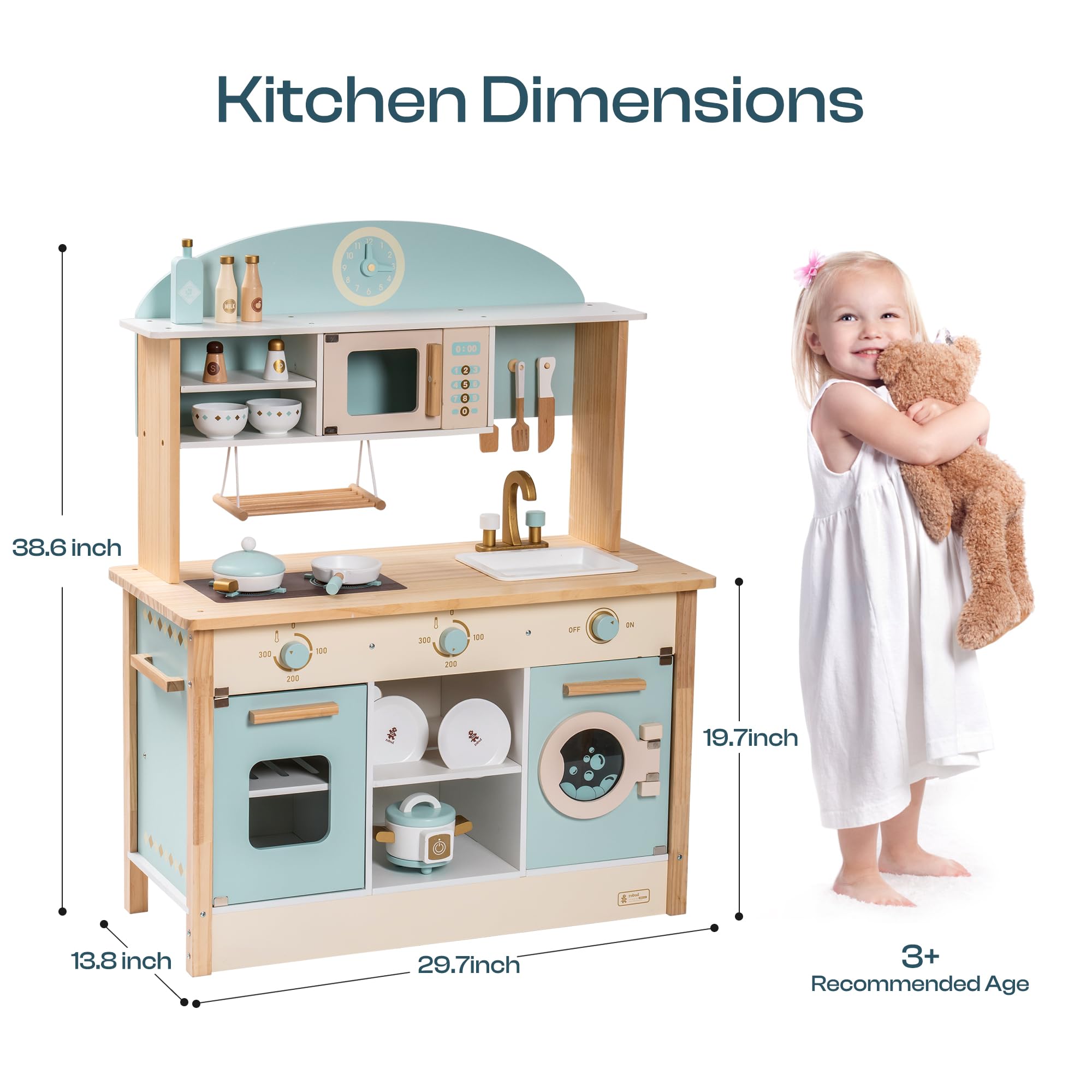 ROBUD Kinderküche Holz für Kinder | Spielküche mit Zubehör Holz Kinder Küche Spielzeug mit Nahrungs & Küchengeräten, Geschenke Spielzeug für Mädchen Jungen Kleinkinder