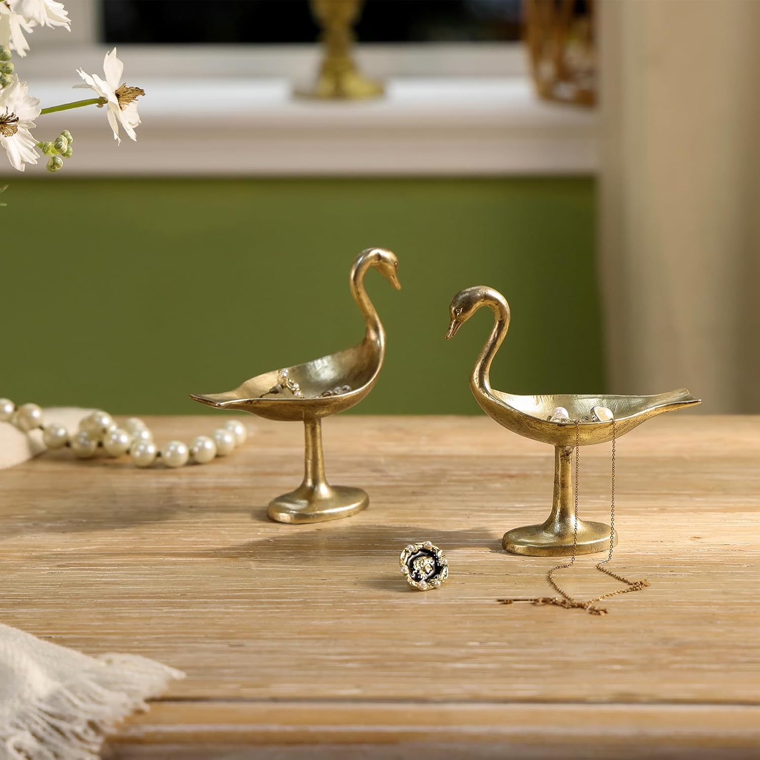 NIKKY HOME Gold Swan Ring Holder Jewelry Dish Set of 2, Vintage Elegant Trinket Display Decorative Metal Tray Classy Birthday Gifts for Women