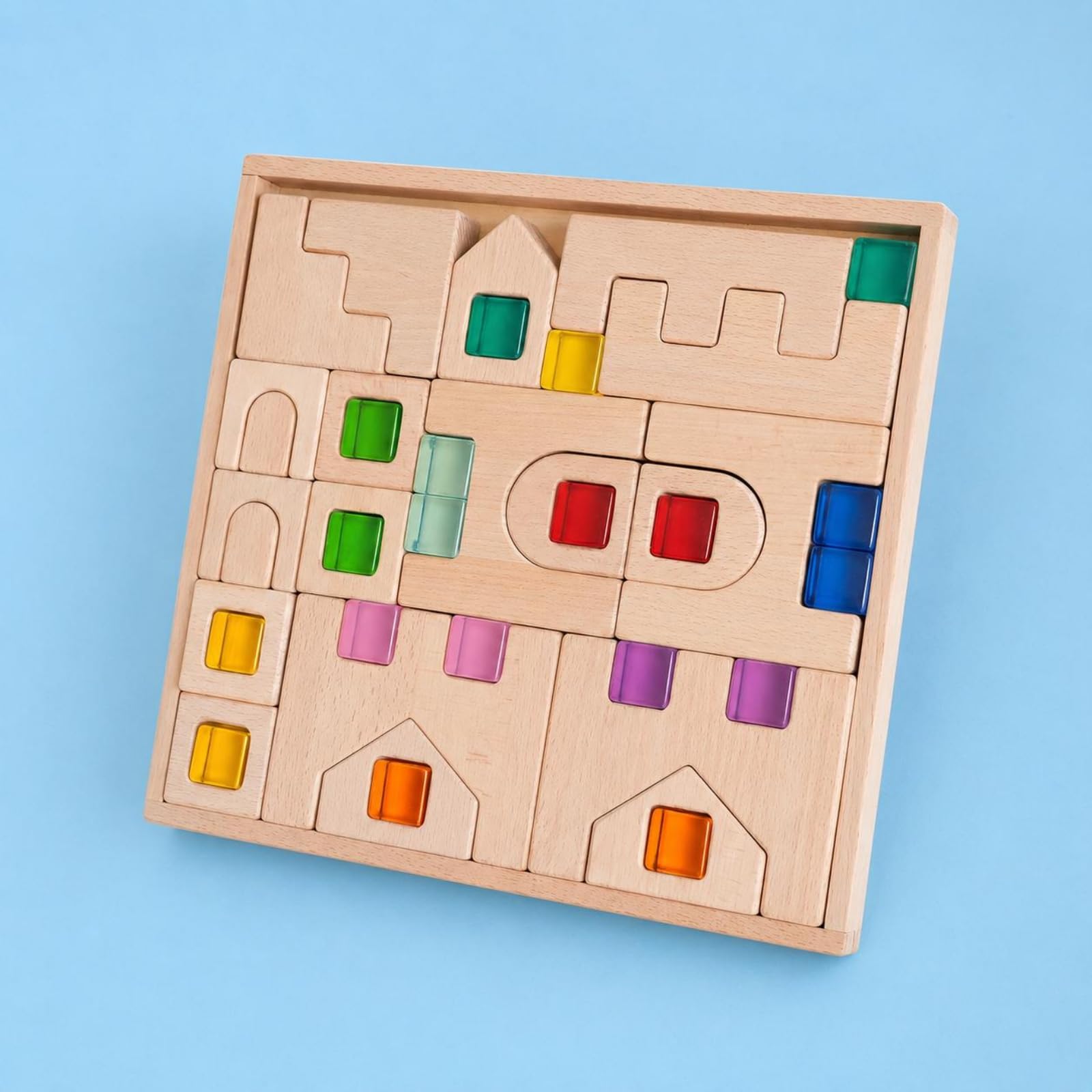 Kinder Lernbaustein Holzpuzzle Bausteinspiel Steckspiel Formensortierer Pädagogisches Spielzeug aus Buchenholz mit, Buchenholzschloss