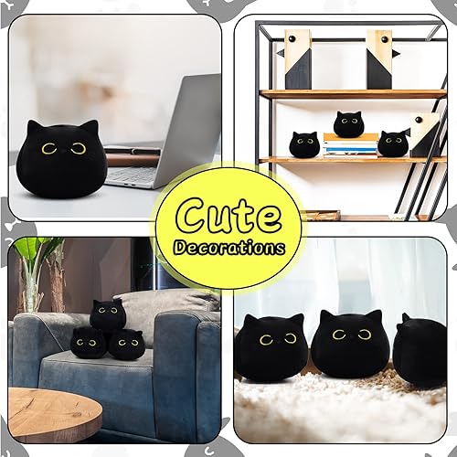 Miniatura 4 de Juguete de peluche de gato negro de 3 piezas, lindos mini gatos negros de peluche, peluche kawaii, suave almohada de gato pequeño, juguete de
