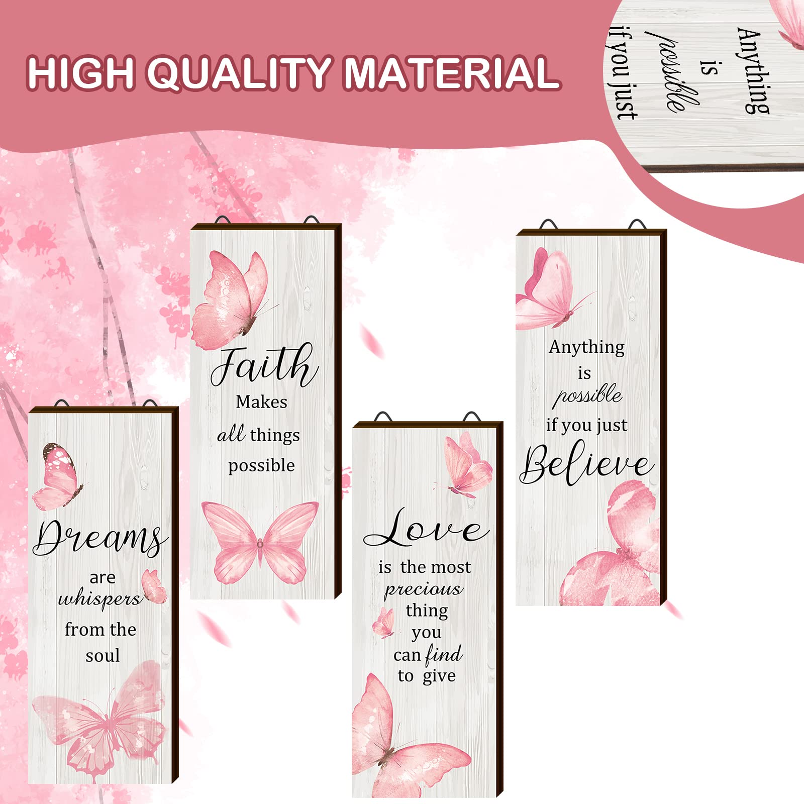 4-teiliges Wanddekor-Set Mit Sprüchen 'Dreams Faith Love Believe' & Lila Schmetterlingen – Rustikale Holzscheiben Für Zuhause