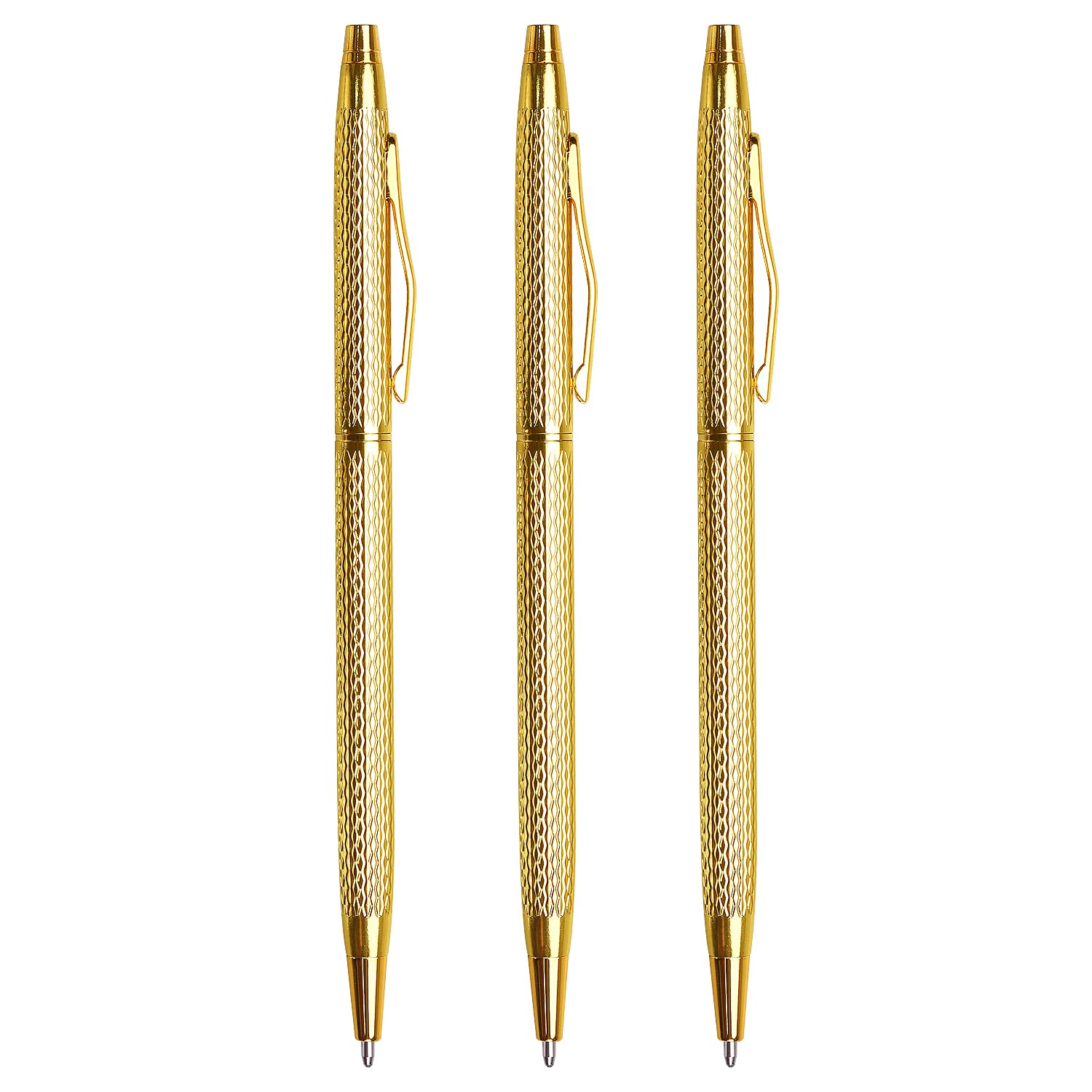 LONGKEY 3 Pack Slim Metallic Retractable Ballpoint Pens Black Ink, Nice Gift for Business Office Students Teachers Wedding Christmas (Gold)