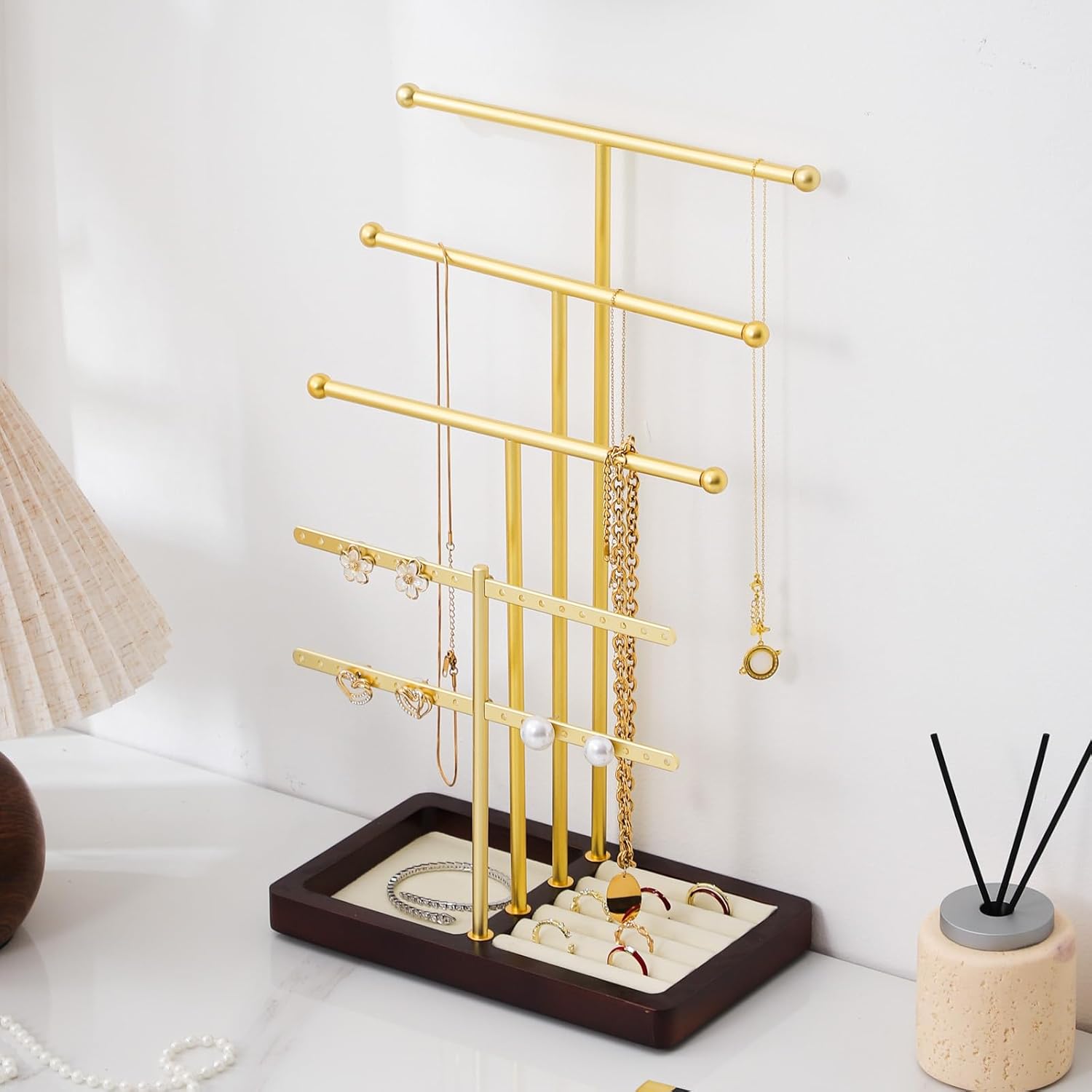 modern T-shaped jewelry rack, jewelry tower, gold metal, square ceramic base decoration display tower, necklace, bracelet, ring storage rack (4-layer wooden plate in beige color) - Image 9