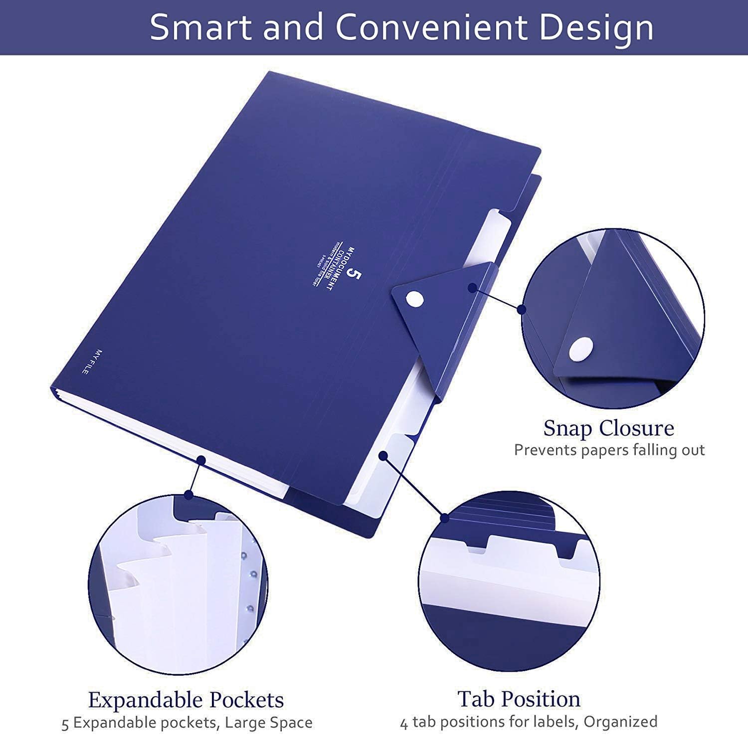 Skydue PP Expanding File Folder Accordion Documents Letters Organizer, 5 Pockets, A4 Size (Navy Blue)