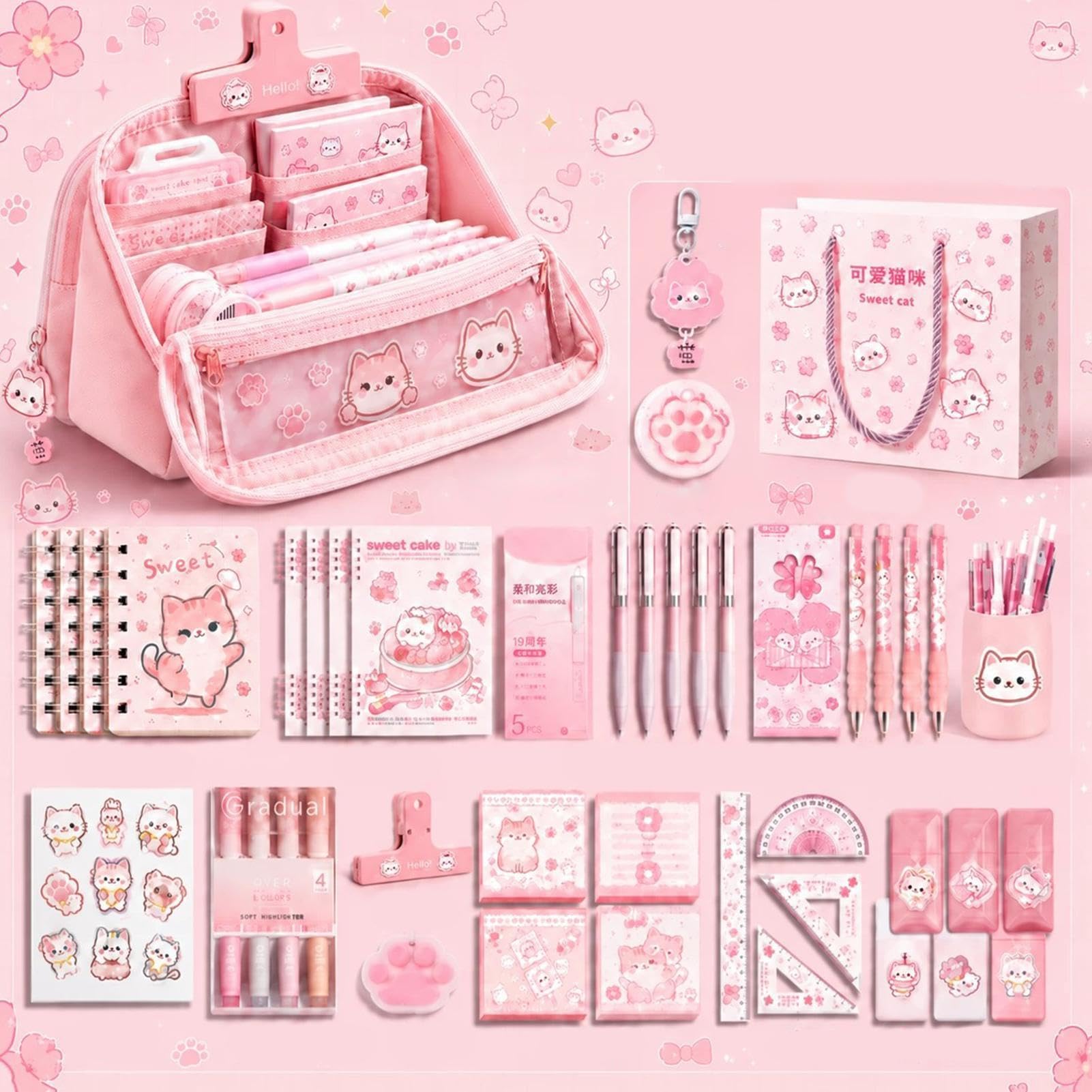 Astuccio Con Cancelleria Ampia Capacità, Adorabile Gatto, Cancelleria Per | Set Materiale Scolastico Bambini Per Appunti In Classe, Studio Quotidiano, Lezioni D'Arte, Esami, Co