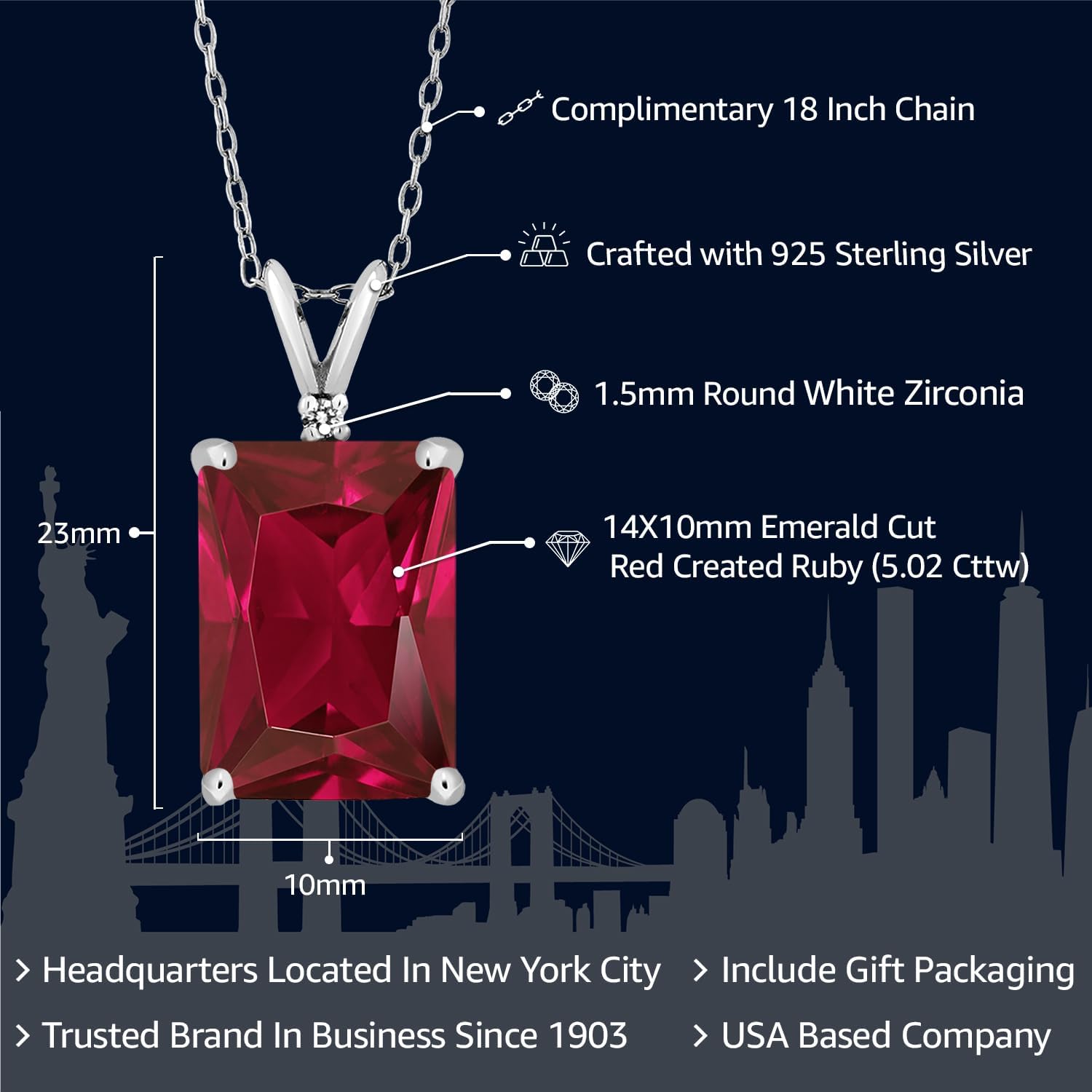 Gem Stone King 5-13 Cttw Gemstone Birthstone Pendant Necklace for Women | 925 Sterling Silver | 14X10MM Emerald Cut and 1.5MM Round Accents | With 18 Inch Silver Chain - Image 2