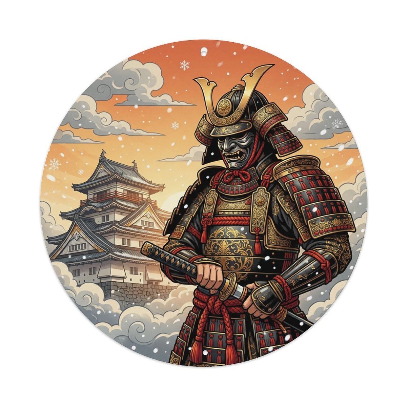 Cwbufd Vintage Style Armored Warrior Castle Snowfall Japanese Vintage Vintage Metal Tin Sign Plaque Wall Decor For Cafe, Club Bar, Office, Garden Metal Poster 8X8inch