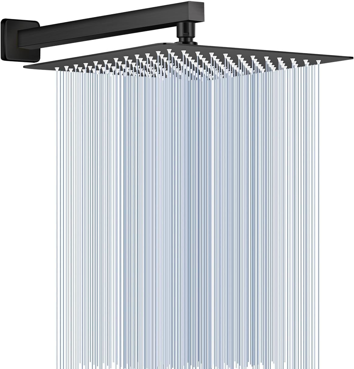 All Metal Matte Black Rainfall Shower Head with Extension Arm, 12" Large Rain Square Showerhead with 16" Long Shower Arm Stainless Steel, 144 Silicone Nozzles Waterfall Full Body Coverage