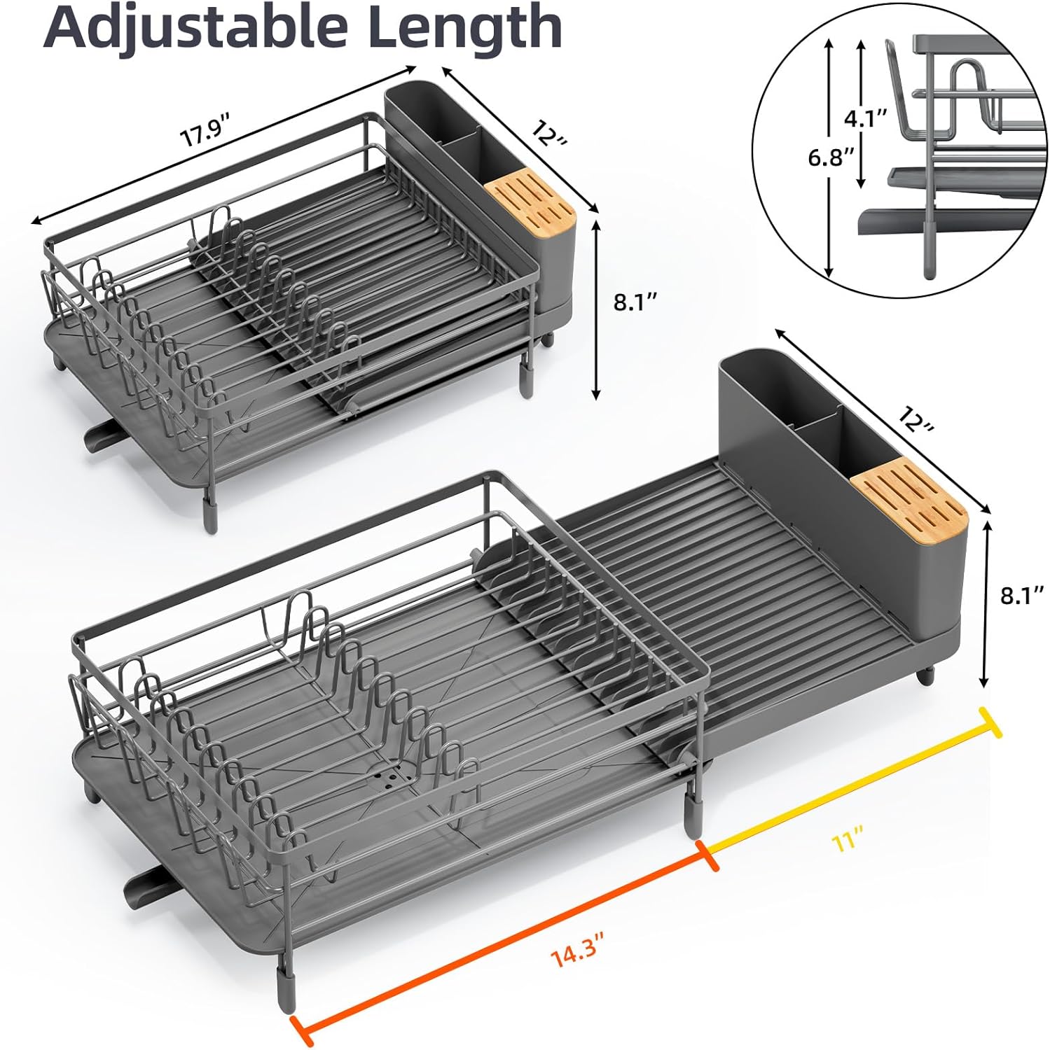 Large Dish Drying Rack, Expandable Dish Racks for Kitchen Counter, Multifunctional Dish Drainer with Utensil Holder & Cup Holder, 18.5"-26.7" L x 12.7" W, Gray