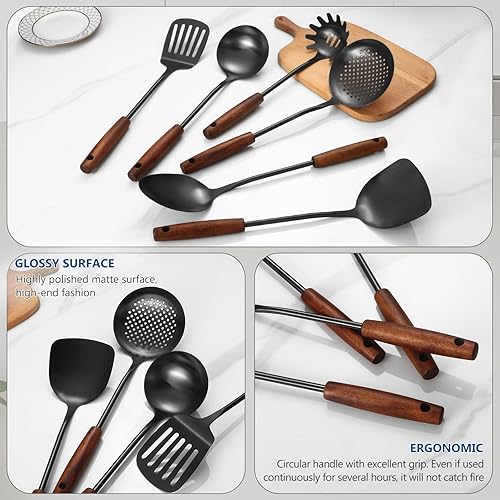 Miniatura 2 de Lazycorner Juego de utensilios de cocina de acero inoxidable con mango de madera 304