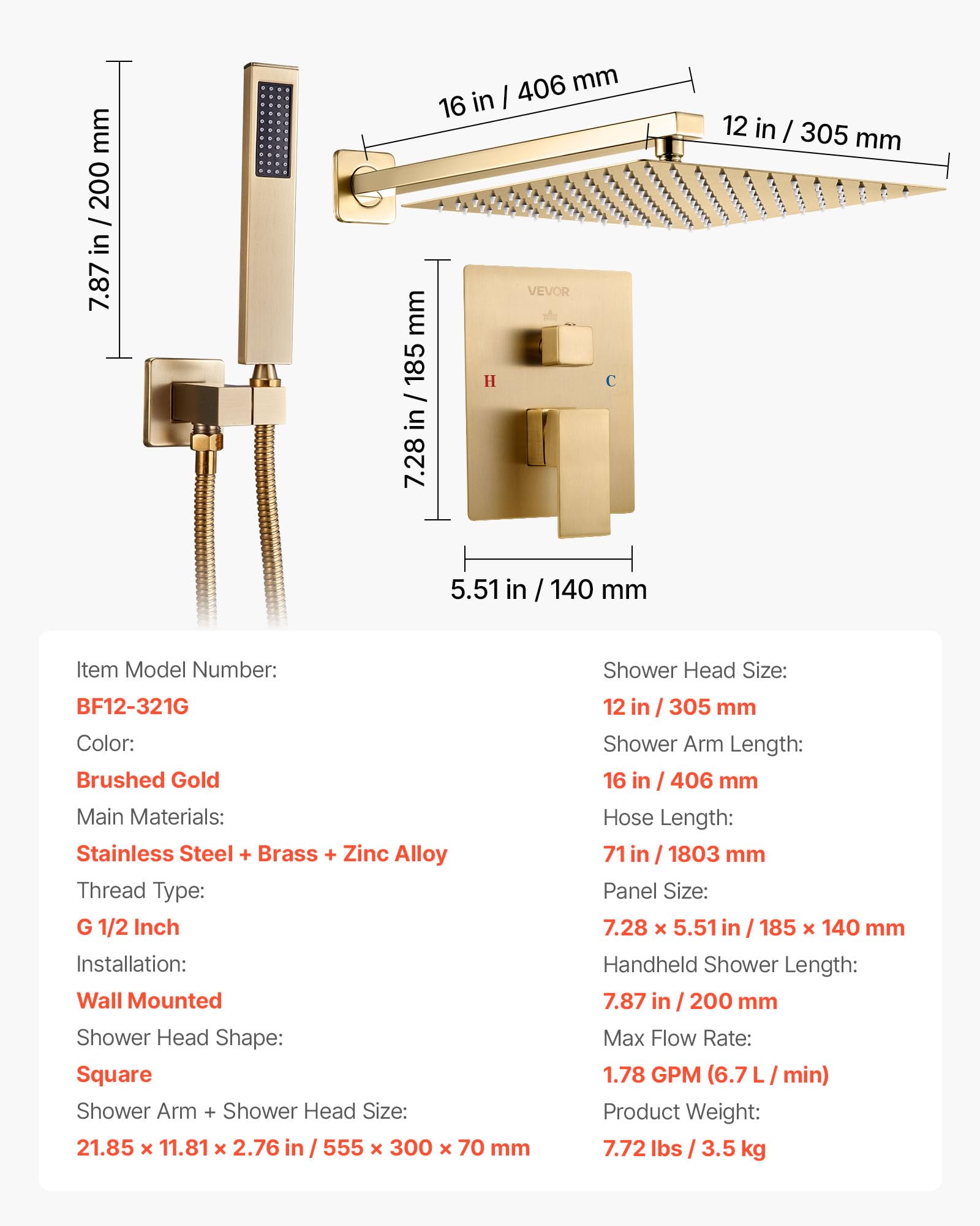 VEVOR Set Doccia, Sistema Doccia a Pioggia per Bagno con Soffione Quadrato da 30,5 cm e Doccetta, Accessori per Vasca da Parete con Valvola in Ottone e Kit di Finitura, Oro Spazzolato